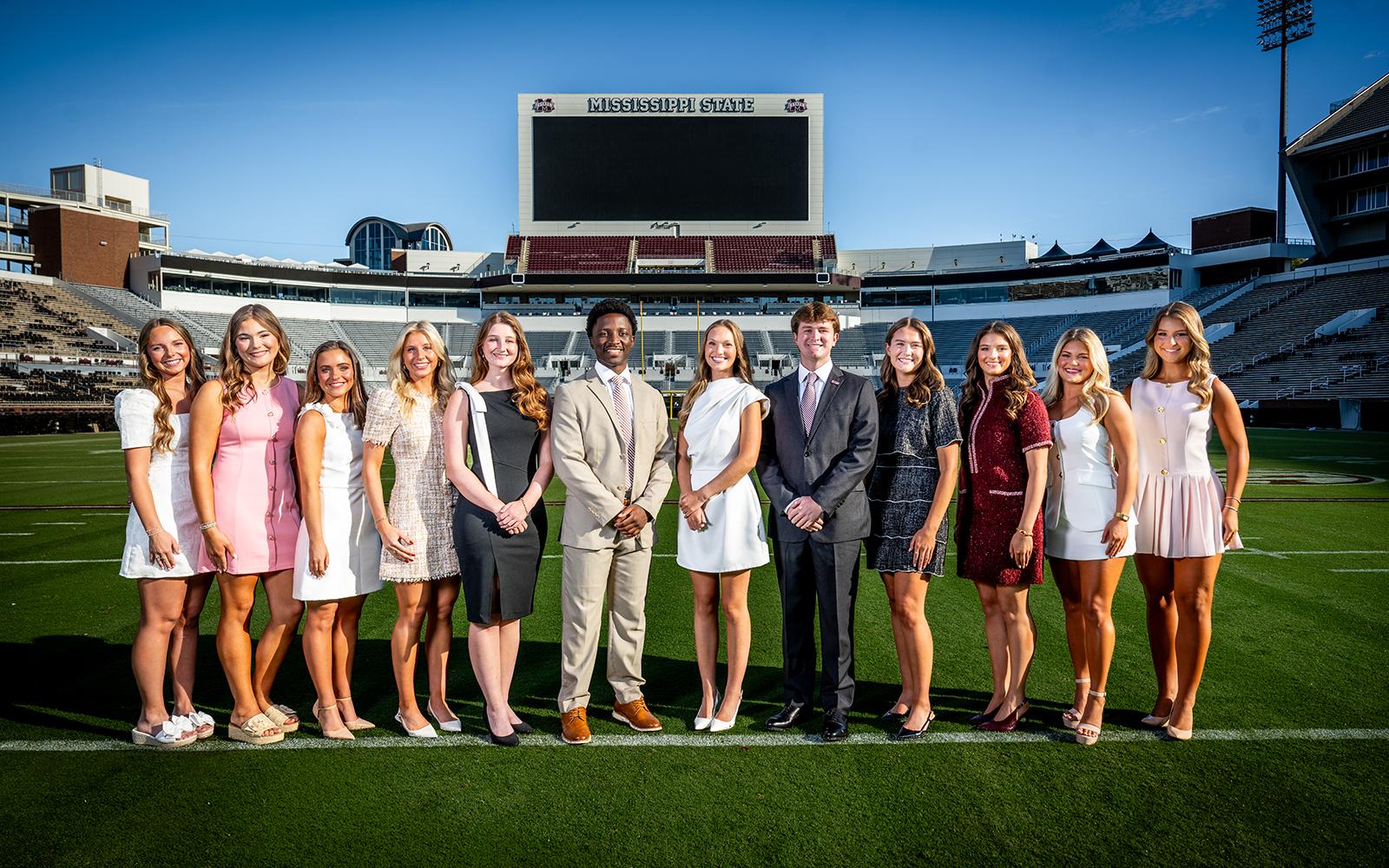 The 2026 Mississippi State Homecoming Court stands together at Davis Wade Stadium
