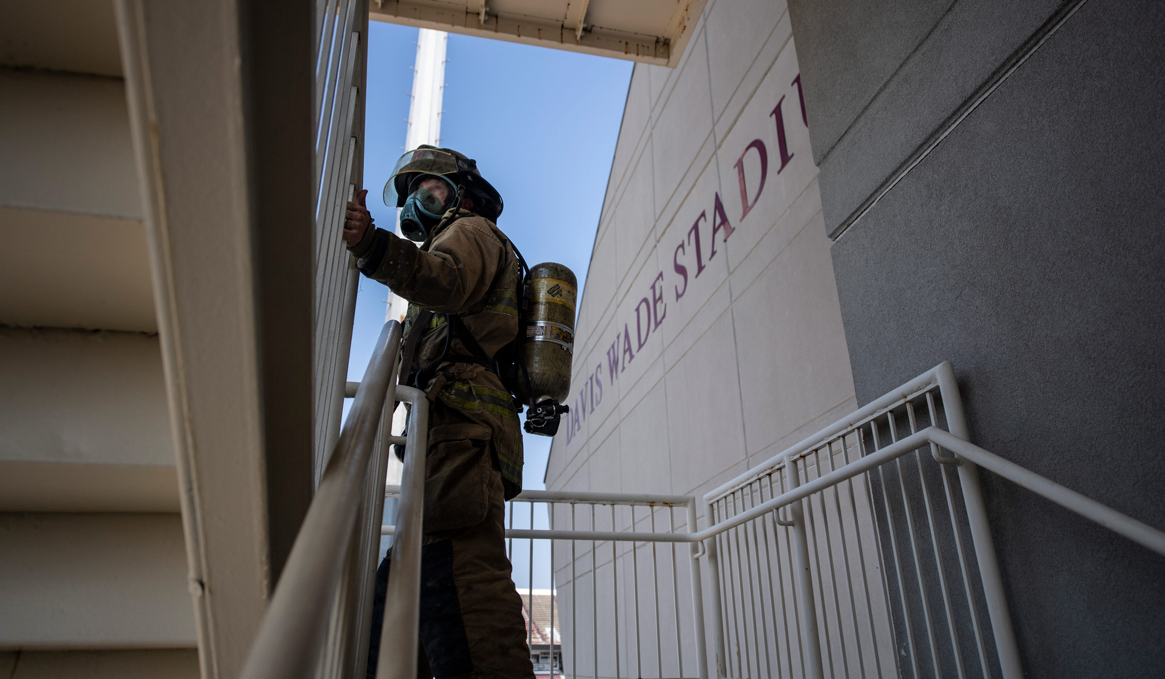 Starkville Fire Department Lieutenant Brian Arnett participates in the 9/11 Stair Climb at Davis Wade Stadium