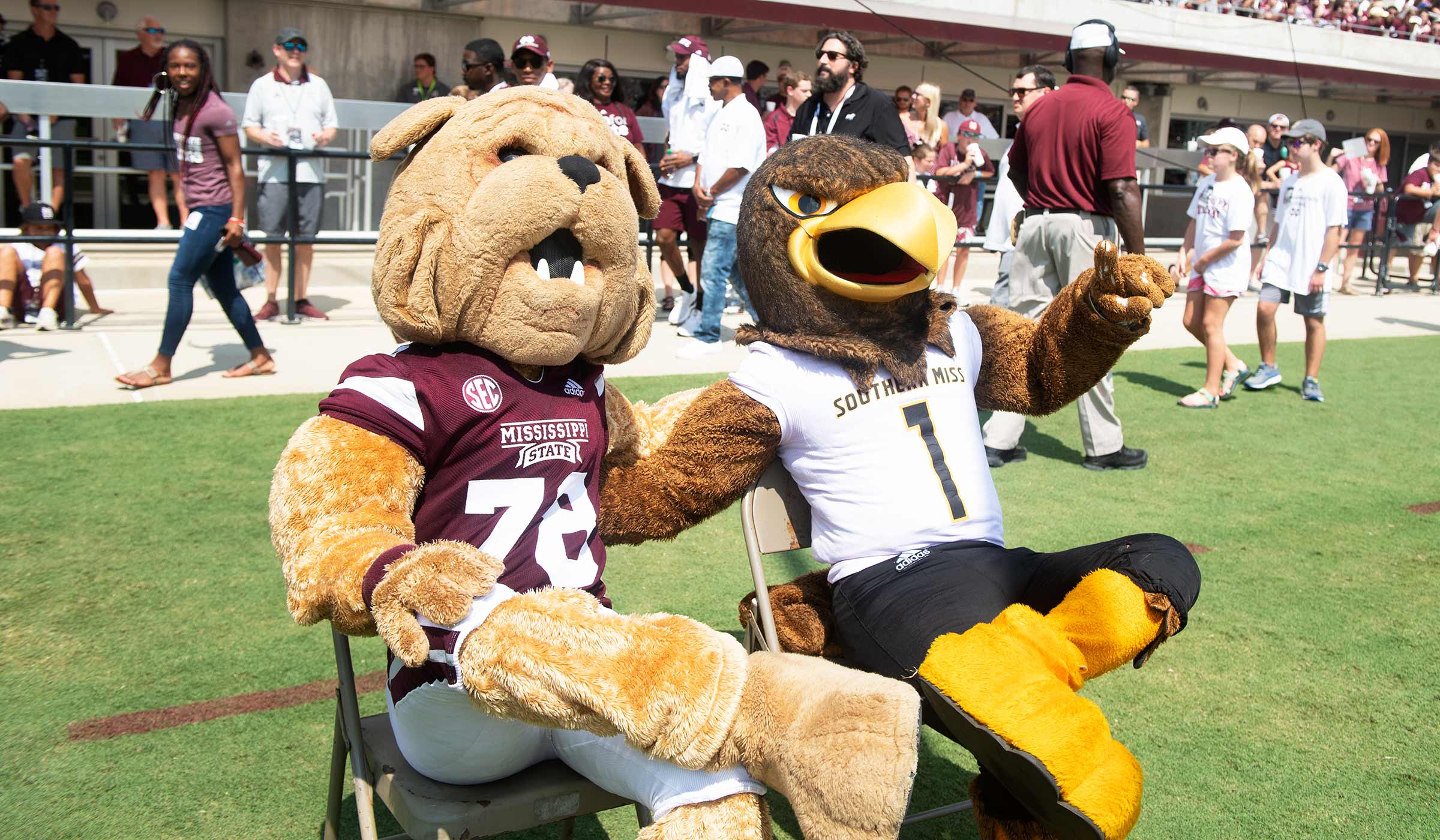 Costume bulldog mascot sitting with costume eagle mascot on folding chairs at edge of football field