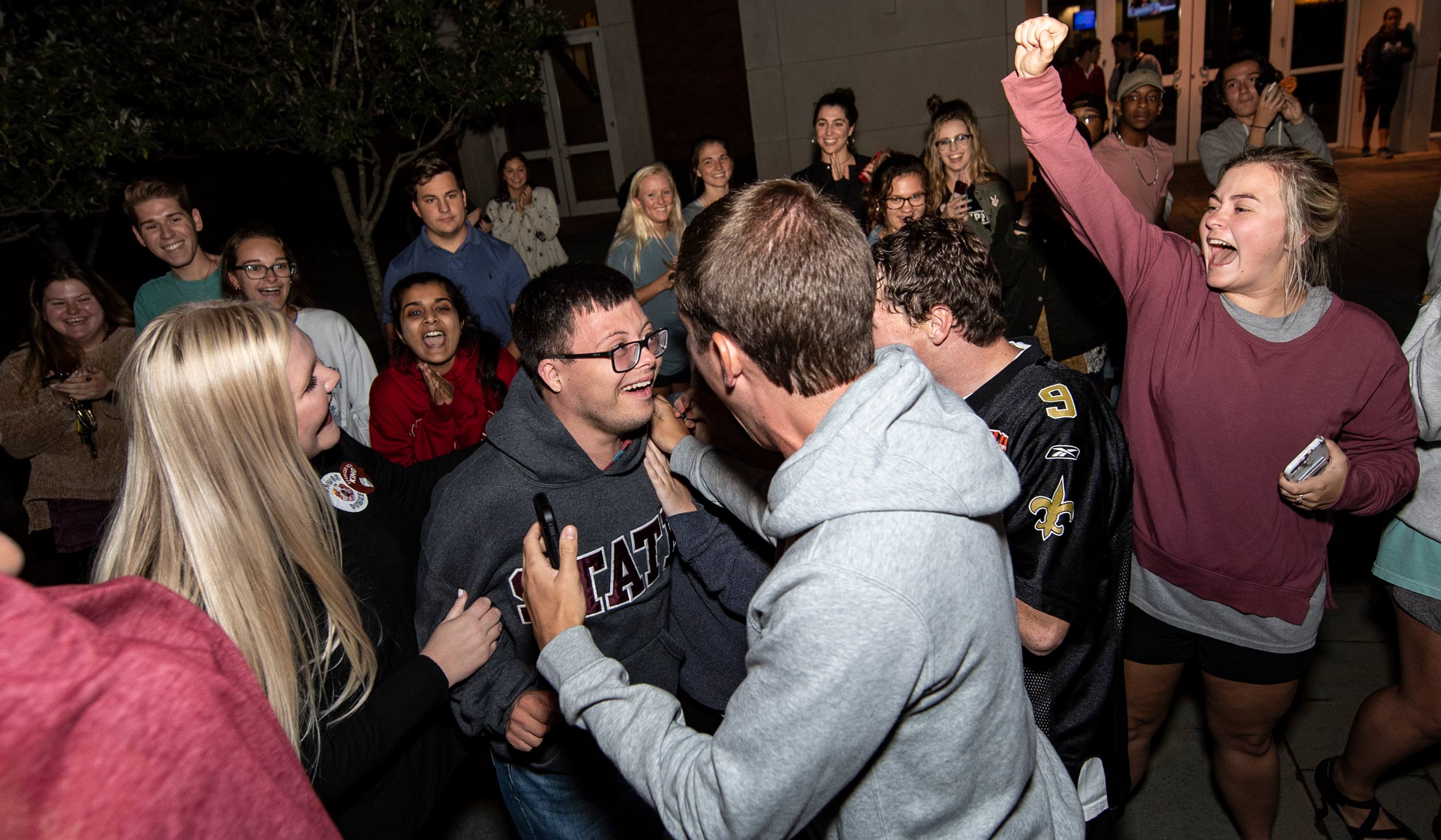 Spencer Kirkpatrick celebrates outside the Colvard Student Union after being announced the 2019 Homecoming King.