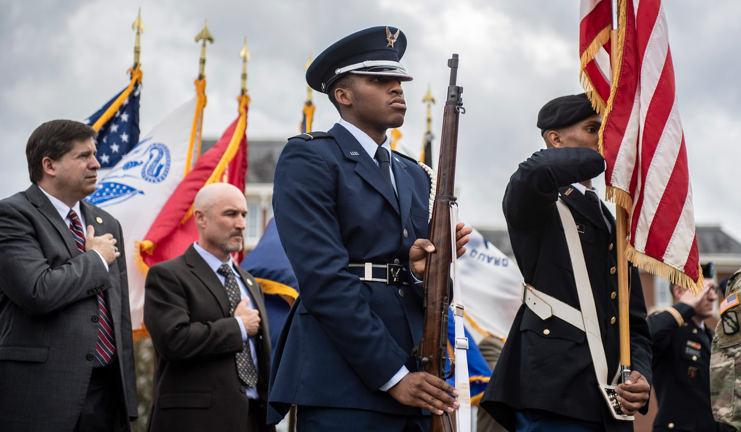 ROTC Cadets stand in attention during the Veterans Day Ceremony on the Drill Field.