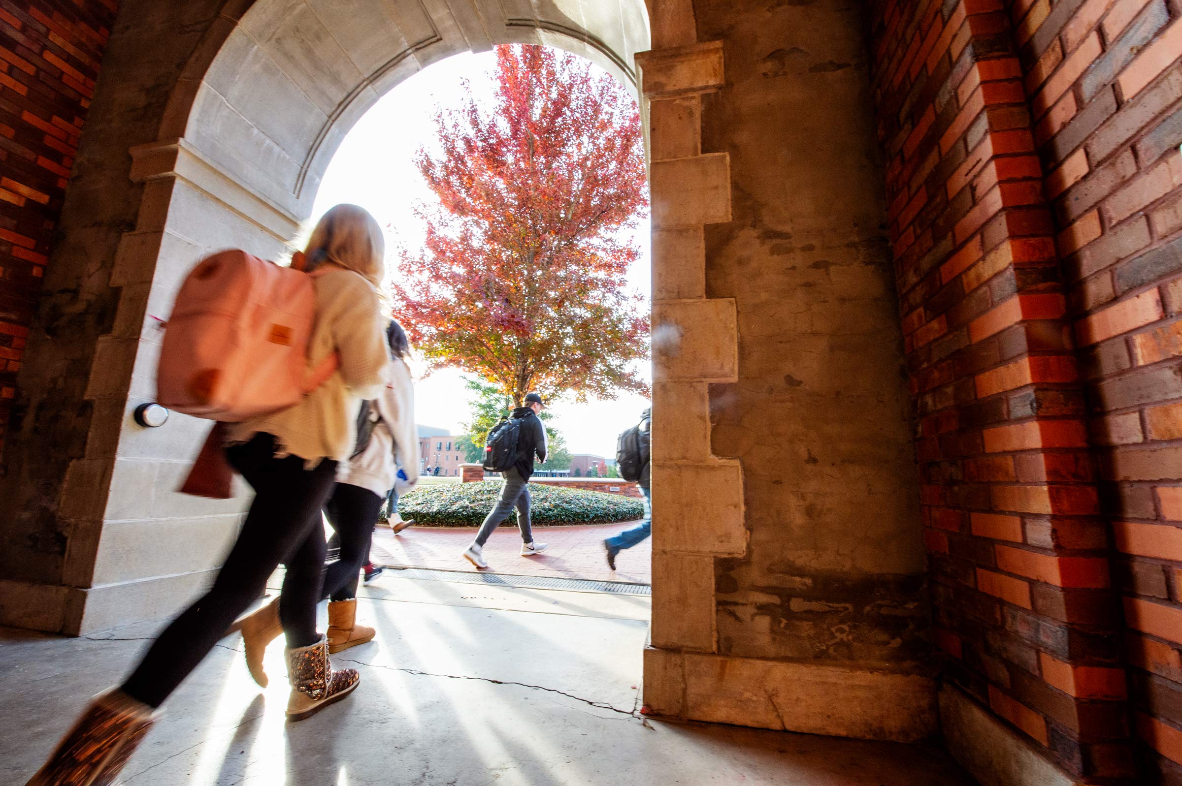 Students walk out of the McCain Hall arch with a maple tree&#039;s fall leaves framed in the doorway.