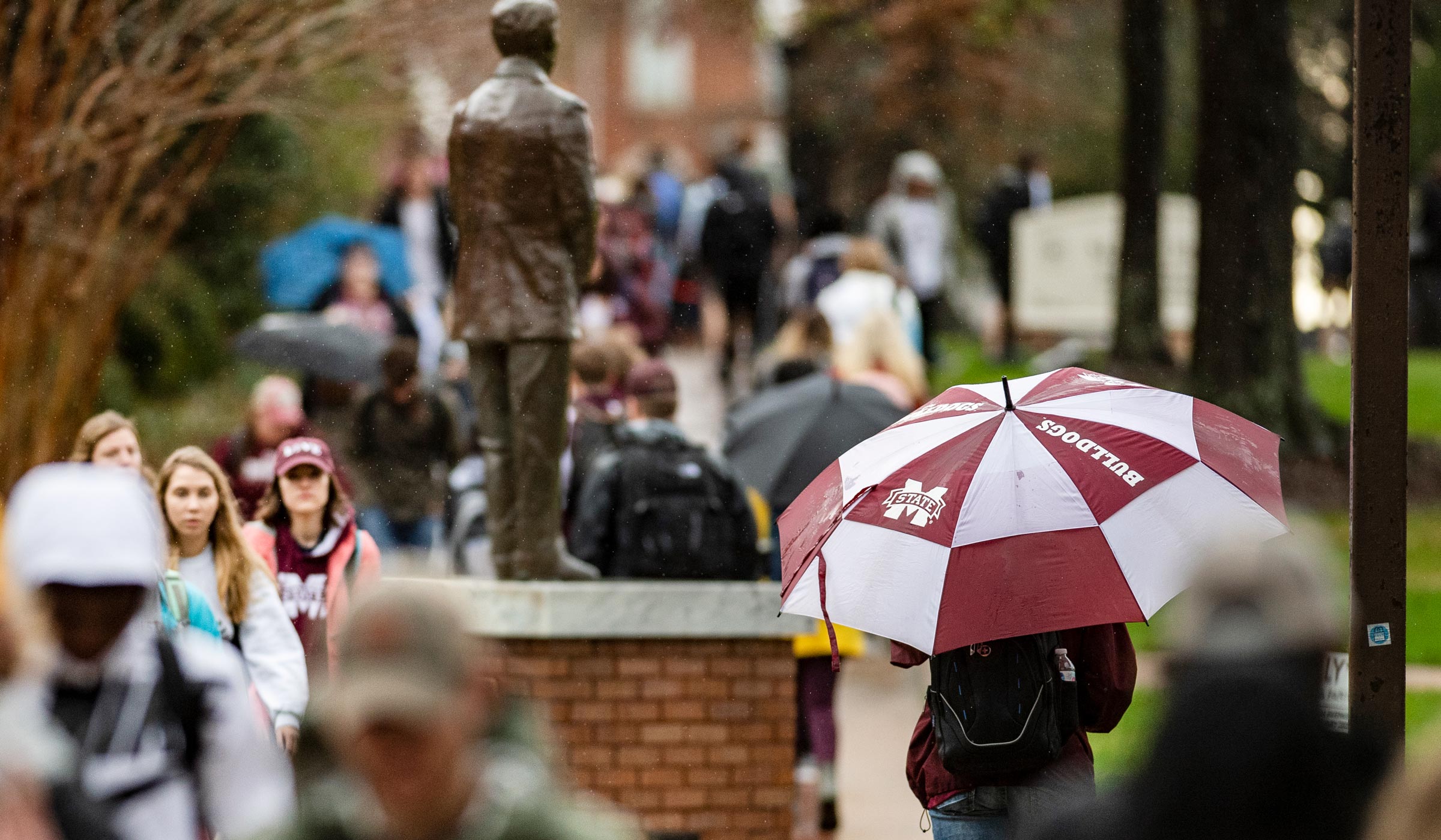 Students walk in the rain near the Drill Field to get to class.