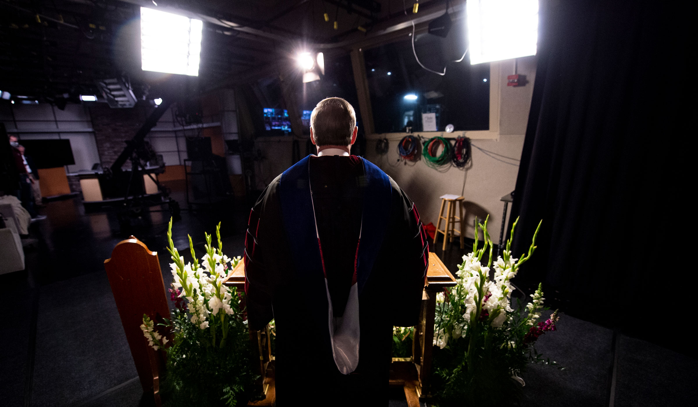 MSU President Dr. Mark Keenum prepares to address graduates and their families through a virtual commencement ceremony due to the COVID-19 pandemic.