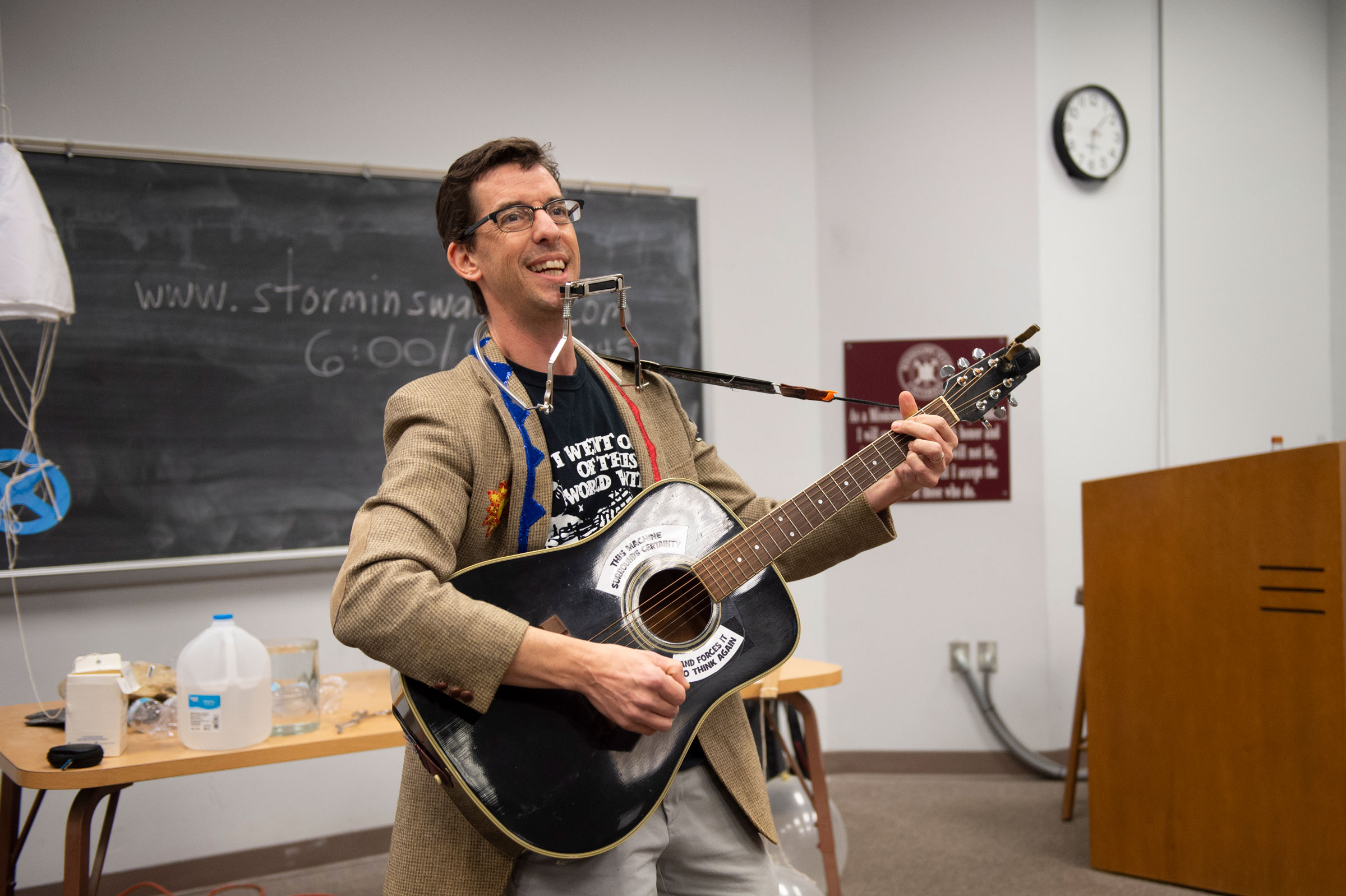 Bob Swanson sings in a classroom at MSU