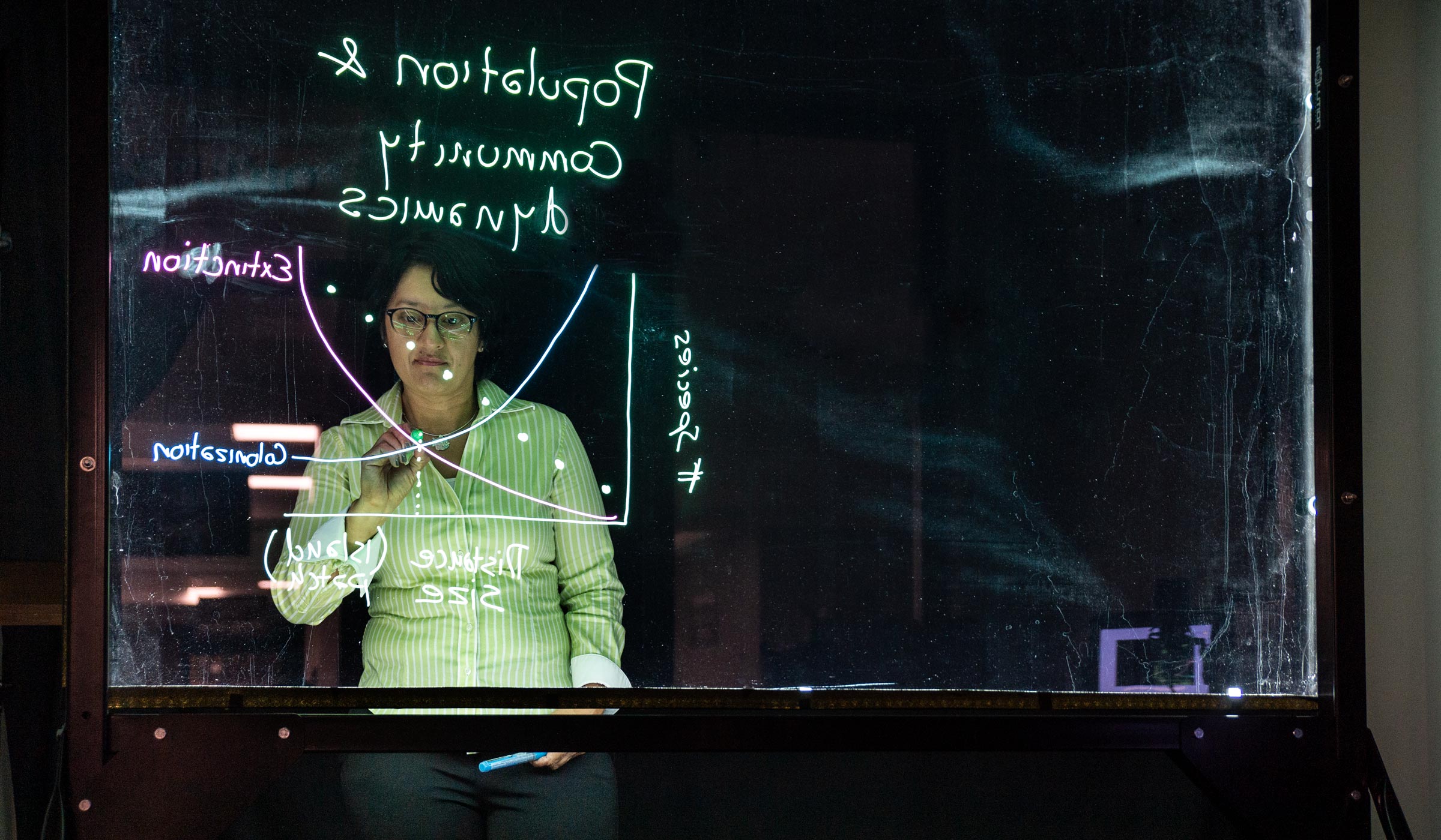 Professor Sandra uses the Library AV Studio&#039;s lightboard to record her Sandra Correa uses the technology in the  Library&#039;s AV Studio (in the MaxxSouth Digital Media Center) to record her summer school Applied Ecology class.