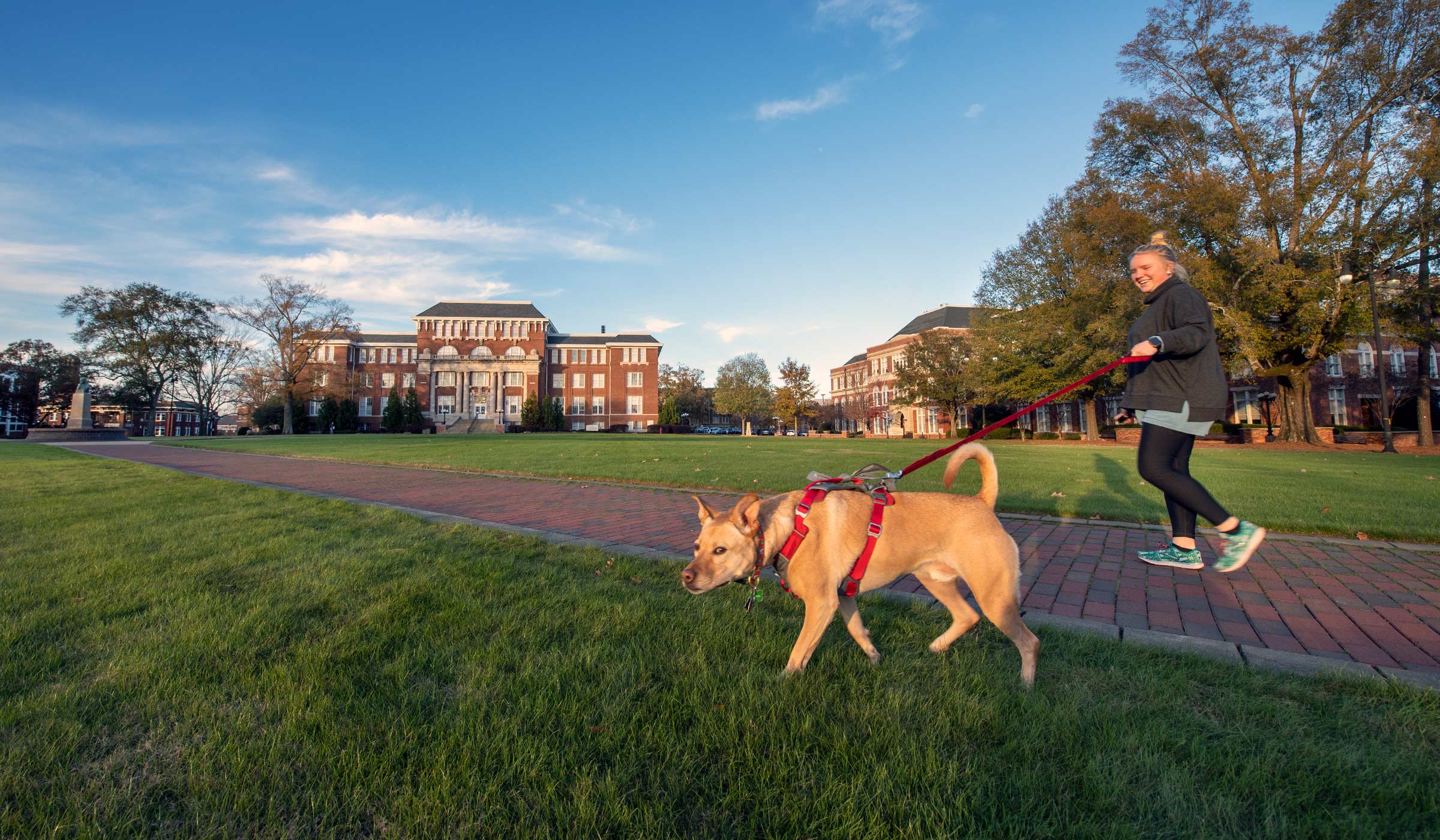 Lit by the setting sun, Student Flannery Egner walks her dog Seymour on the Drill Field with Lee Hall in the background.  