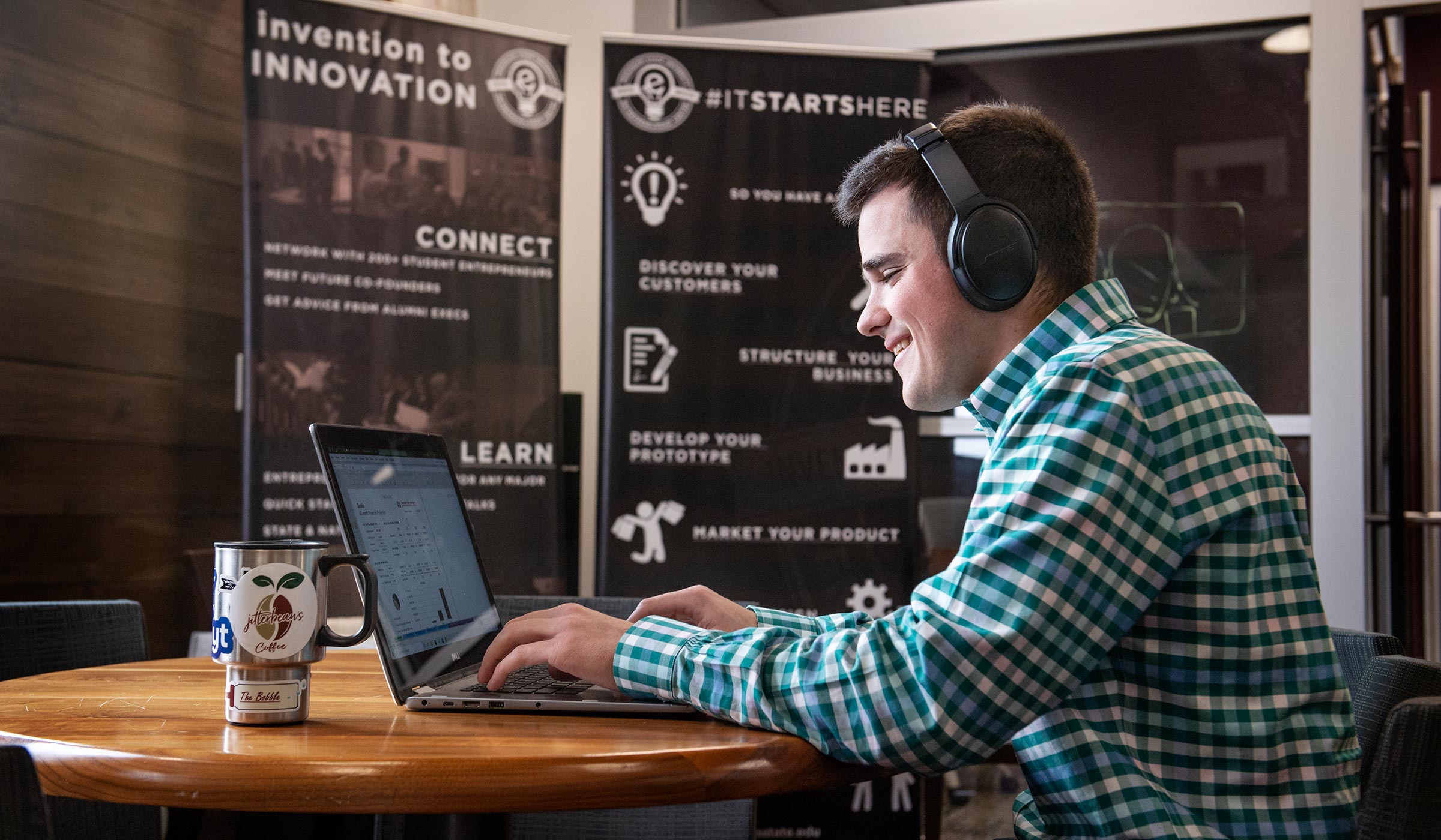 Cameron Maddox, pictured on a computer in MSU's E-Center