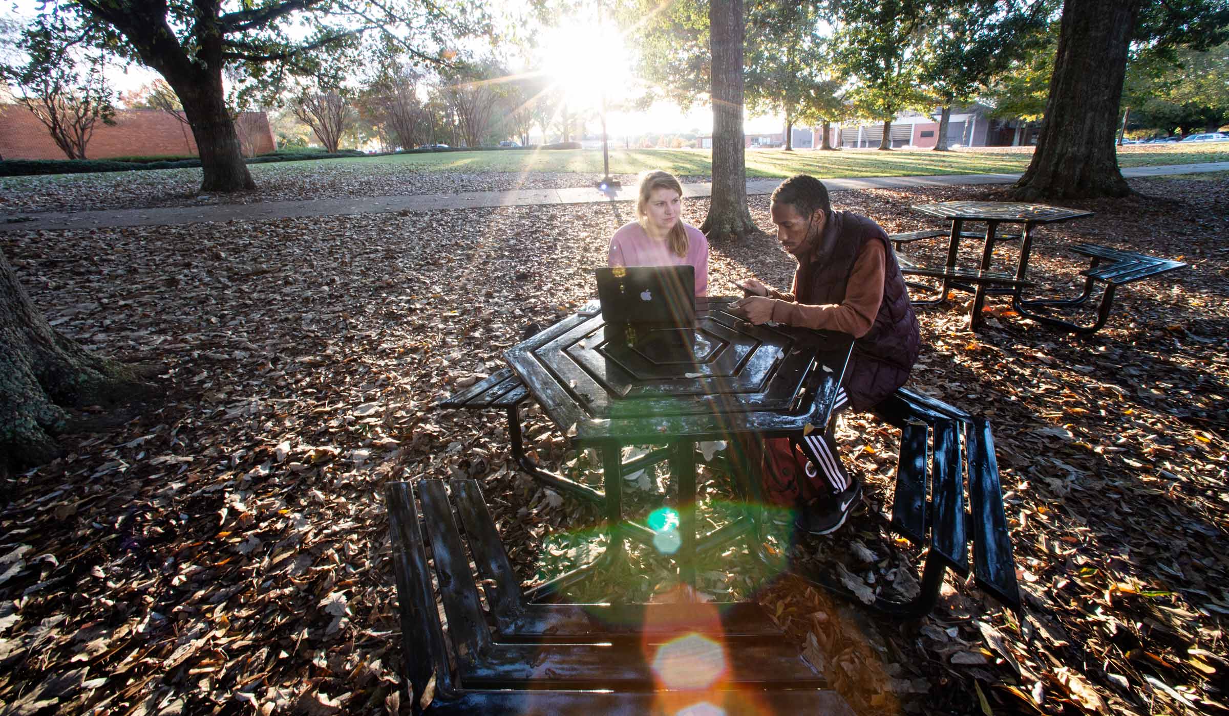 ACCESS Coach and student sit at a picnic table with a laptop and the flare of the setting sun around them and trees and fallen fall leaves surrounding them.