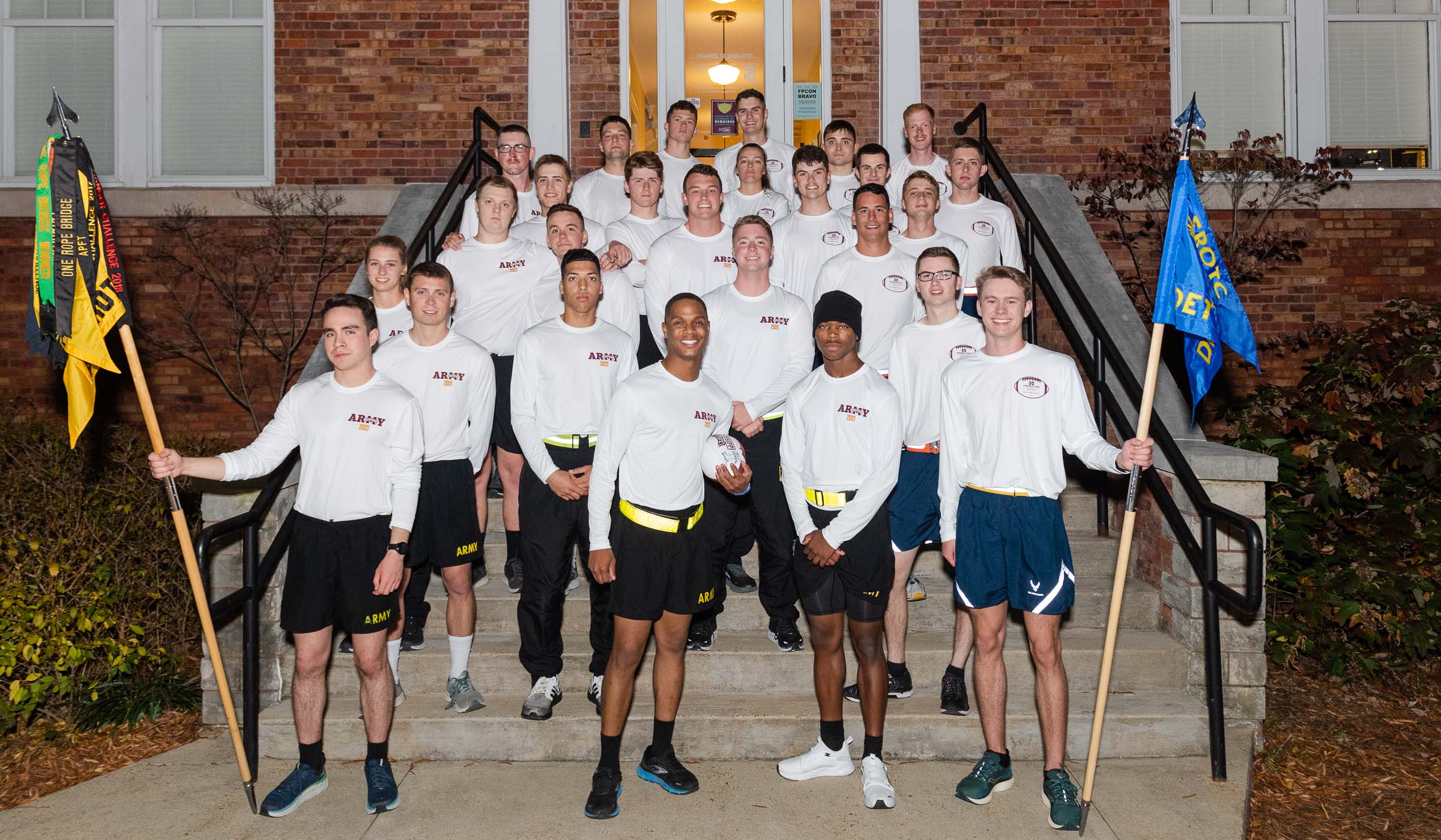 ROTC members posing outside Middleton Hall after Egg Bowl Run