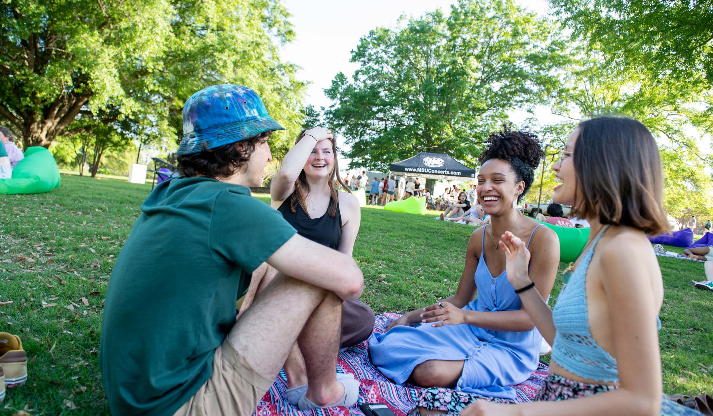Four students laugh while sitting on a blanket on the grass of the Amphitheater.