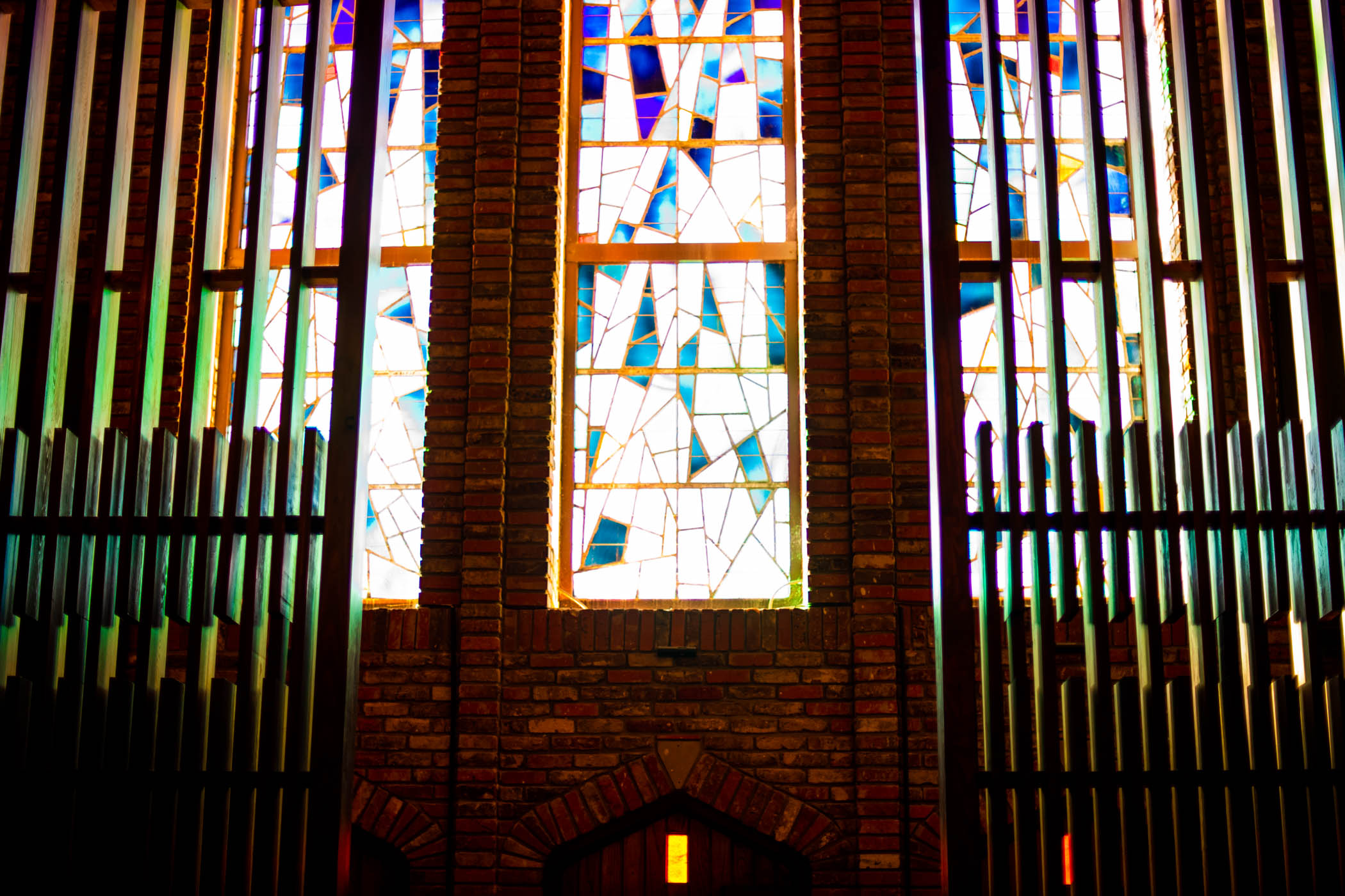 Light and color burst through the stained glass of MSU&#039;s Chapel of Memories.