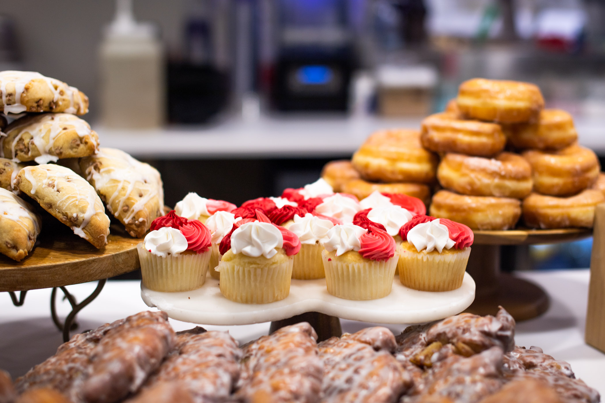 Tempting Valentine&#039;s Day themed treats wait for customers inside the baker&#039;s case of State Fountain Bakery.