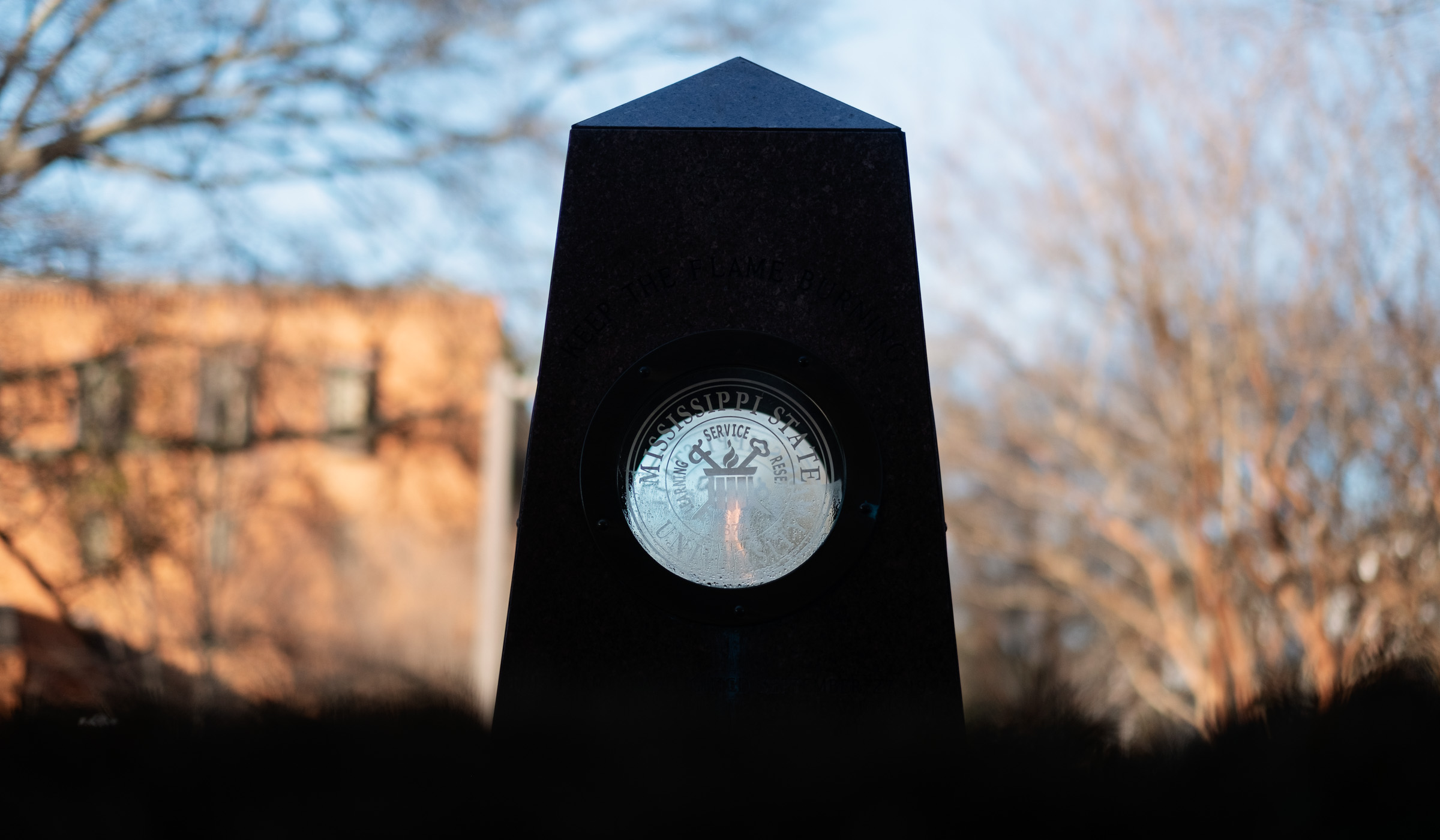 The Eternal Flame is in shadow in the cneter of the frame, with sunset light on blurry tree branches and McCool Hall in the background.