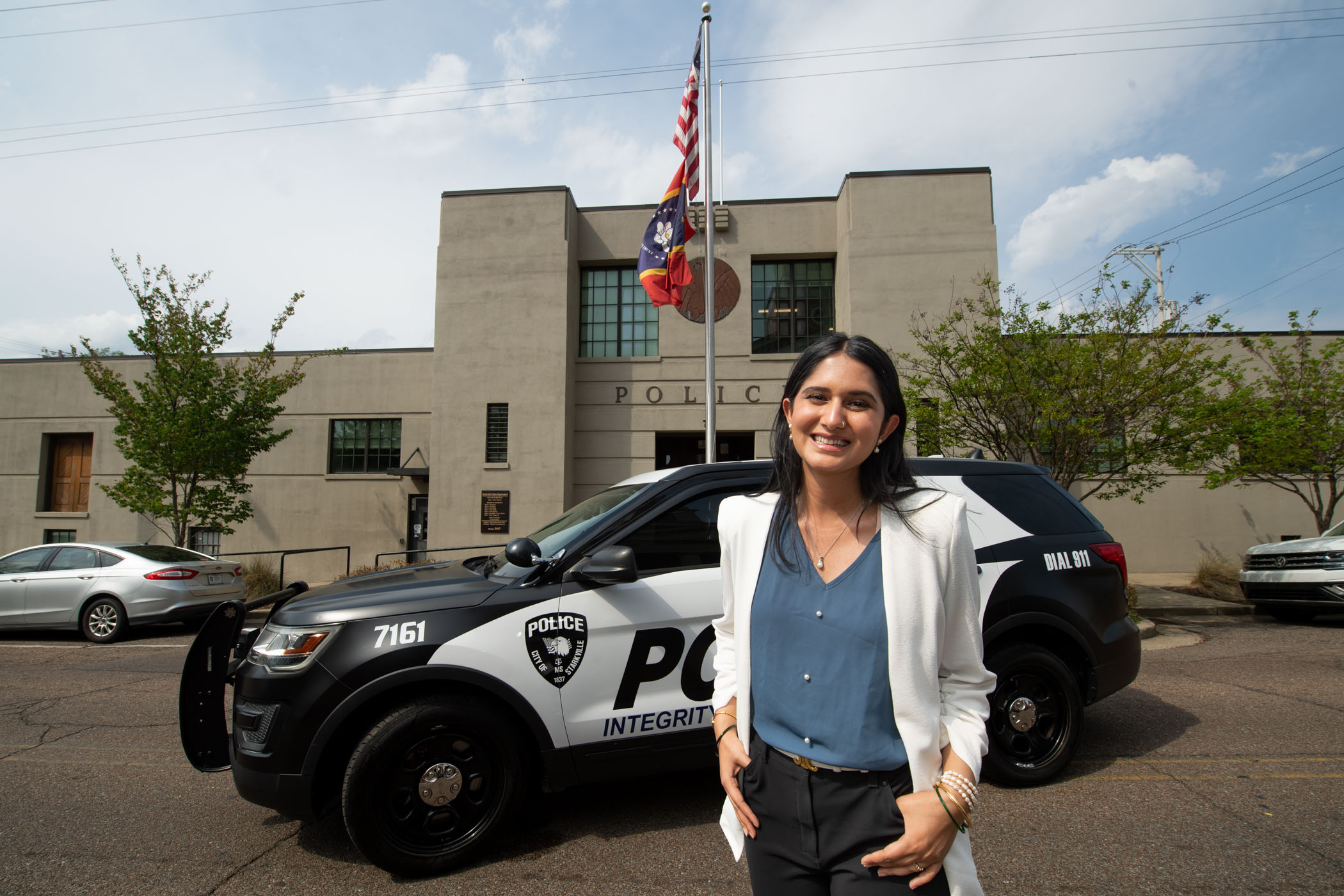 Deepali Dhruve, pictured in front of the Starkville Police Department