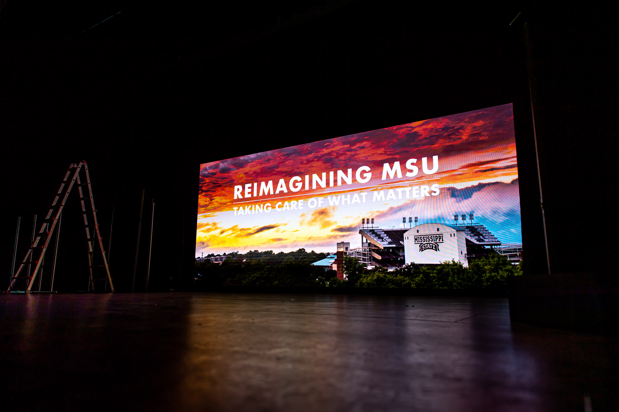 Signage for MSU&#039;s Transformational Change event shines bright before the house opens to guests.