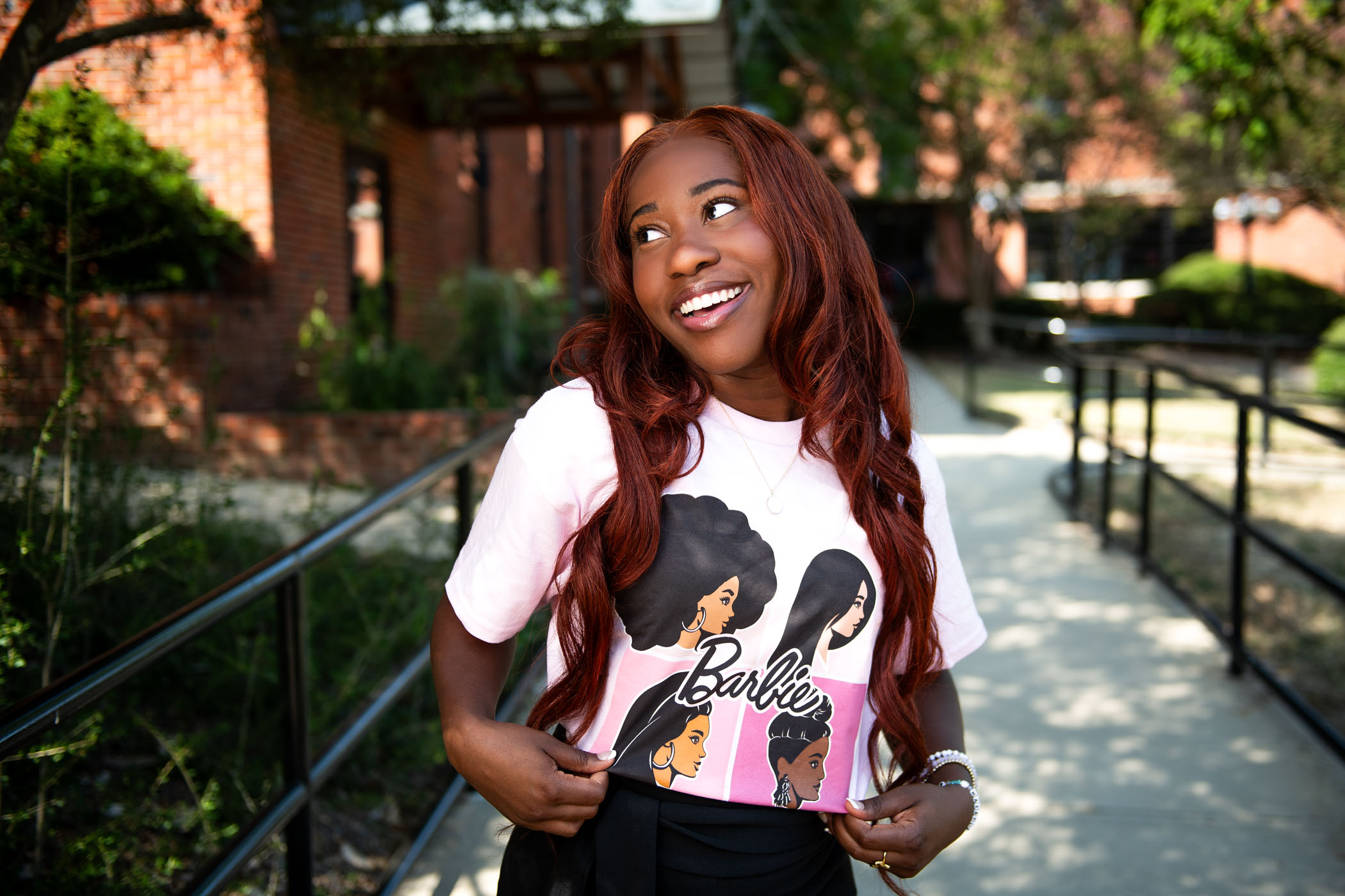 Makayla McClain, pictured wearing a Barbie shirt outside of Butler Hall