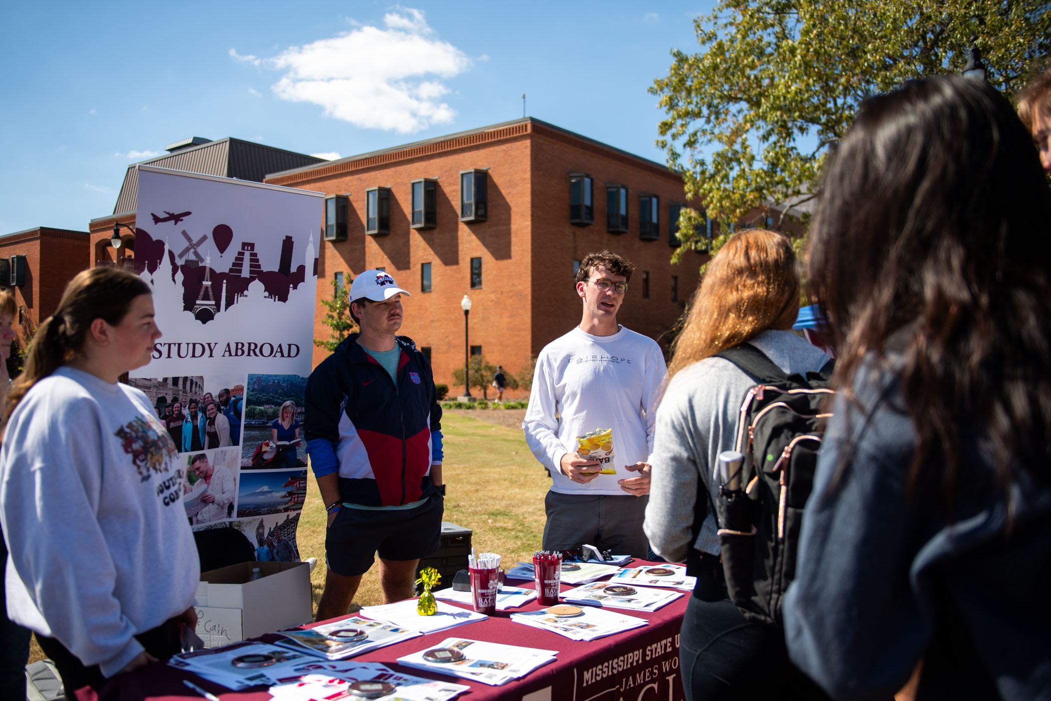 Representatives from MSU&#039;s Bagley College of Engineering share [Oct. 18] opportunities for students to learn and travel across the globe during Dawgs Abroad, the MSU International Institute&#039;s study abroad fair.