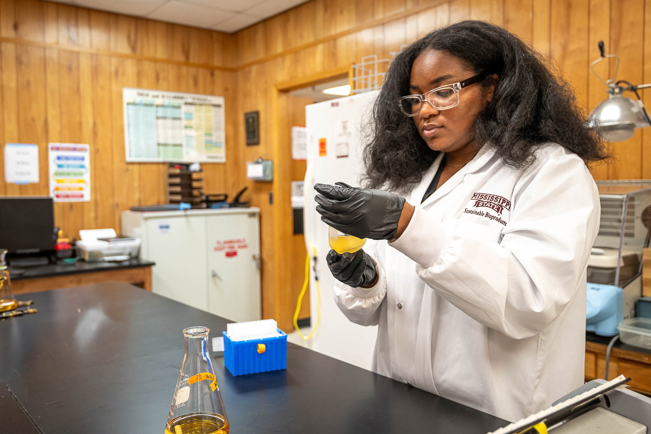 Aleria Story, pictured working in a lab on the MSU campus
