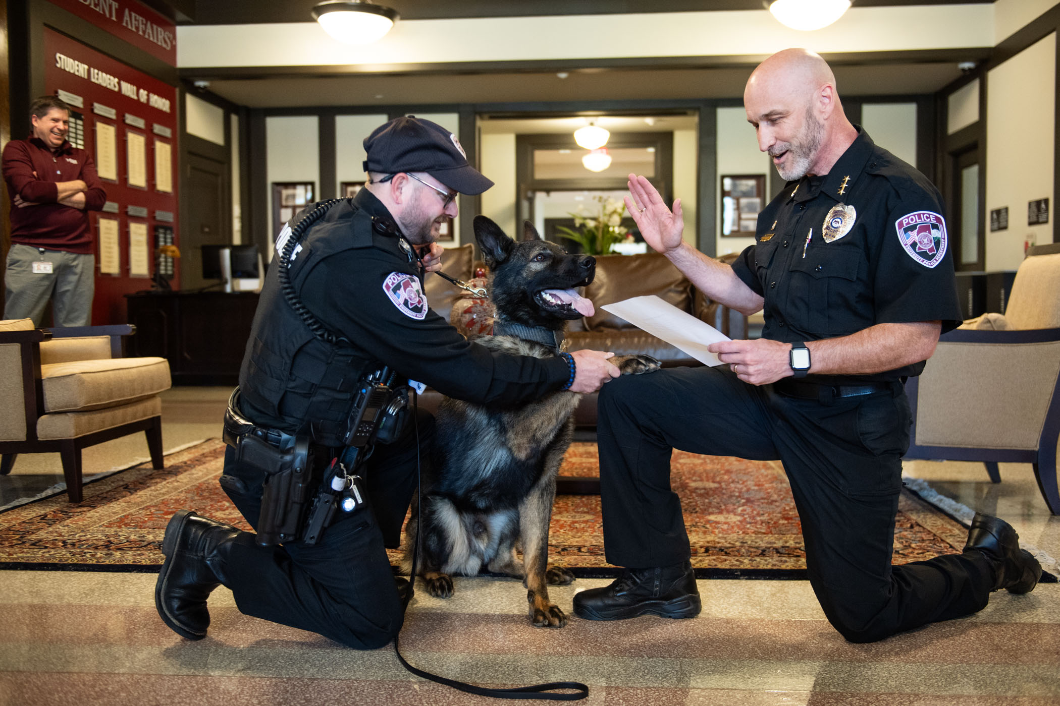 K9 Bash was welcomed and celebrated this weekend as the newest member of the MSU Police Department. Trained in Arkansas for his work with his handler, MSUPD Officer Bradley Frost, left, Bash was sworn in by Assistant Police Chief Brian Locke, as the newest squad member.