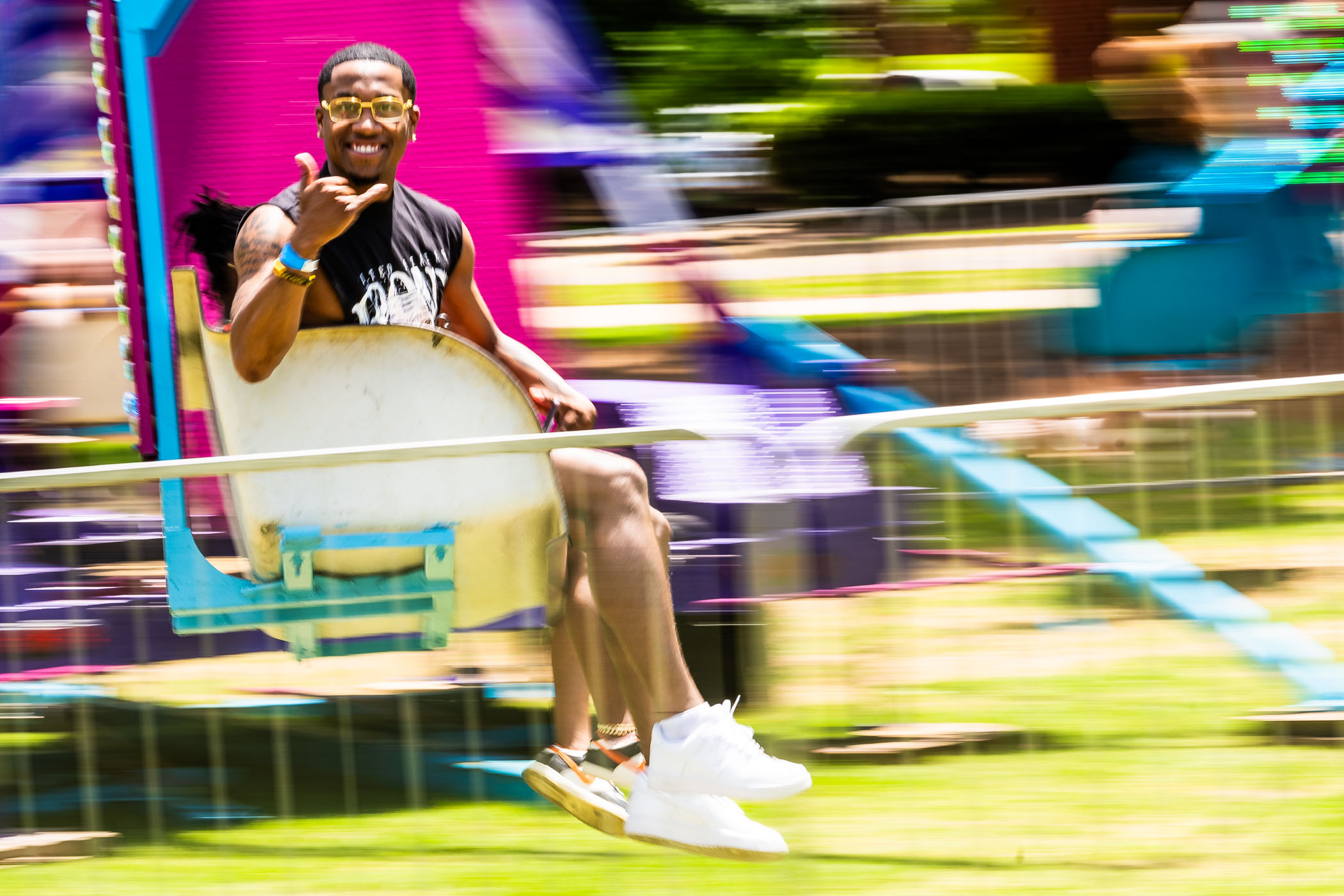 Isaac Watson, a senior industrial technology from Aberdeen, takes a quick spin on the Ballistic Swings ride at MSU&#039;s Last Day of Classes Carnival. Sponsored by the MSU Center for Student Activities and Department of Health Promotion and Wellness, the annual event celebrates the end of another successful semester with thrilling attractions, classic carnival-themed games and food, T-shirts, caricature artists fun with fellow Bulldogs in the Junction.