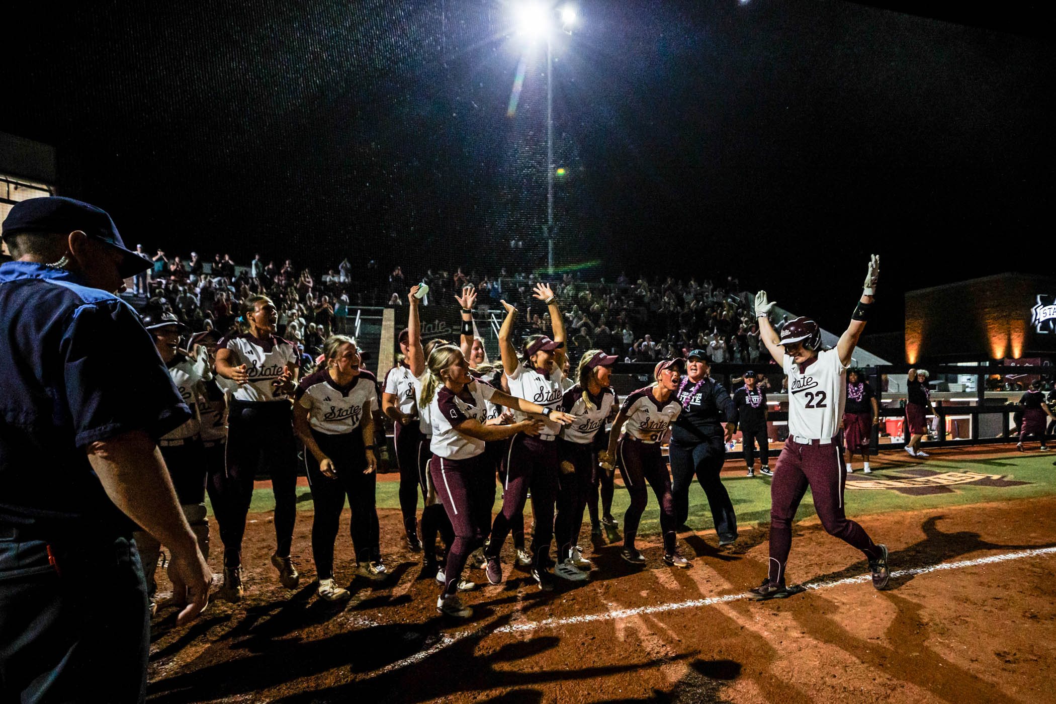 MSU Softball welcomes senior Jessie Blaine back to home plate after launching a two-run walk-off homer in the bottom of the seventh to defeat No. 17 Ole Miss, 3-1, on Thursday night [ May 2,] in Nusz Park. With two outs, two strikes and the series opener against in-state rival Ole Miss on the line, Blaine&#039;s heroics kicked off the series with high energy and emotions from the team and fans before ultimately securing a third consecutive rivalry win. 