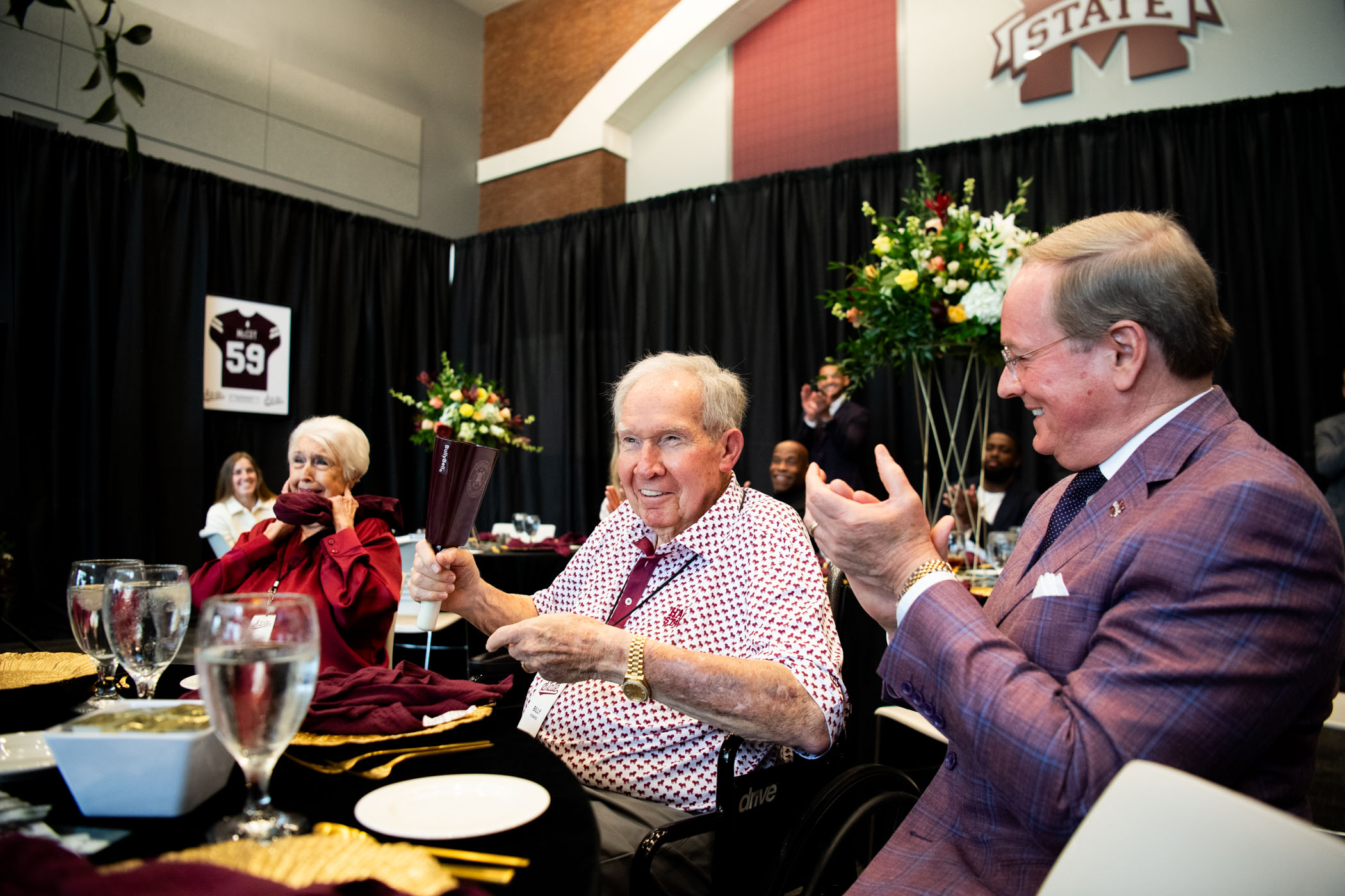 Mississippi State alumnus and longtime university supporter Billy W. Howard Sr. rings a cowbell Monday [June 16] during a special event recognizing Howard Industries&#039; financial support of a 110,000-square-foot indoor football practice facility. The event honored Howard’s enduring legacy as a multi-sport athlete and his pivotal role in advancing the future of Bulldog athletics through this transformative investment.