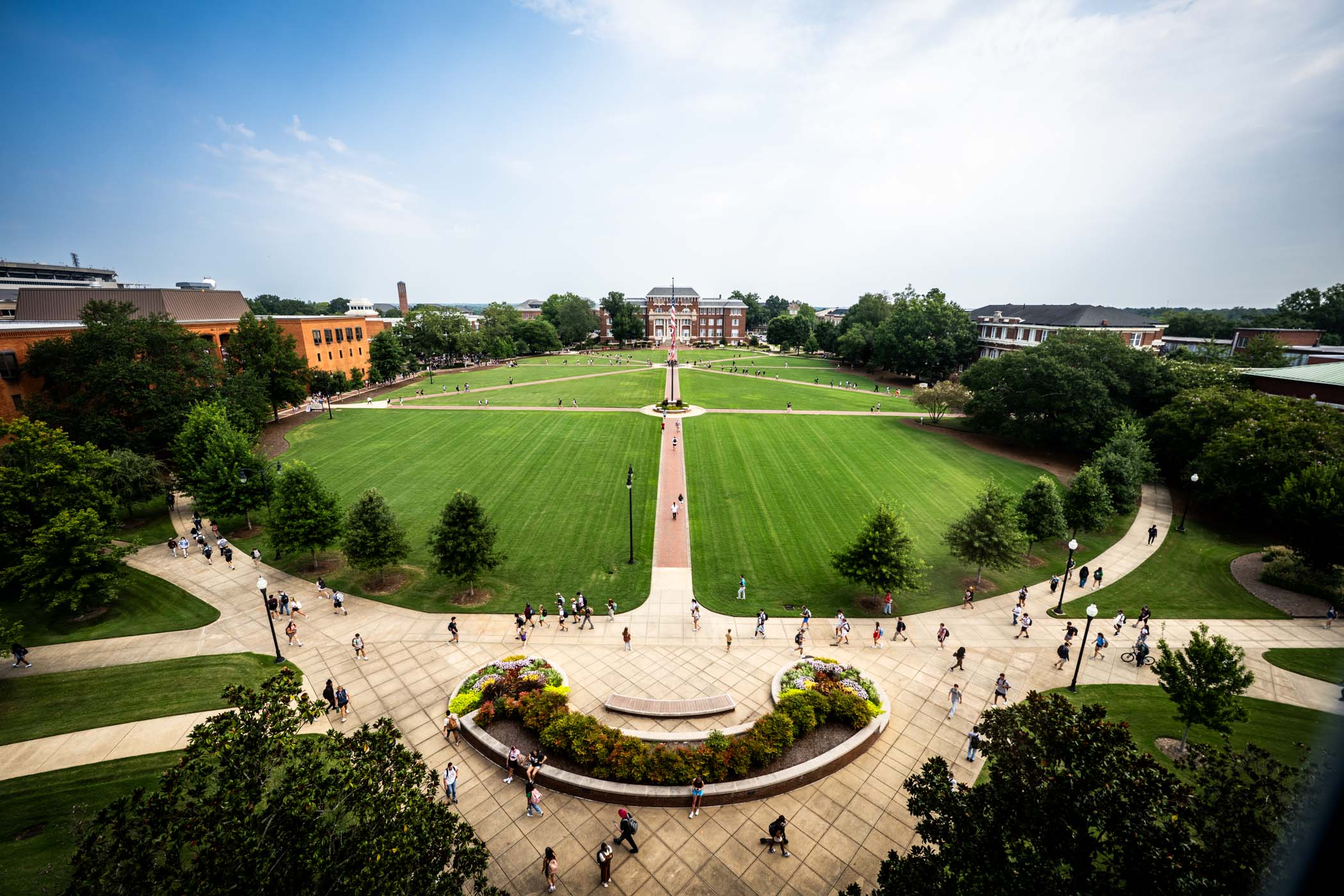 An aerial overlook of the Drill Field captures the first day of fall classes as thousands of Bulldogs make their way across campus.