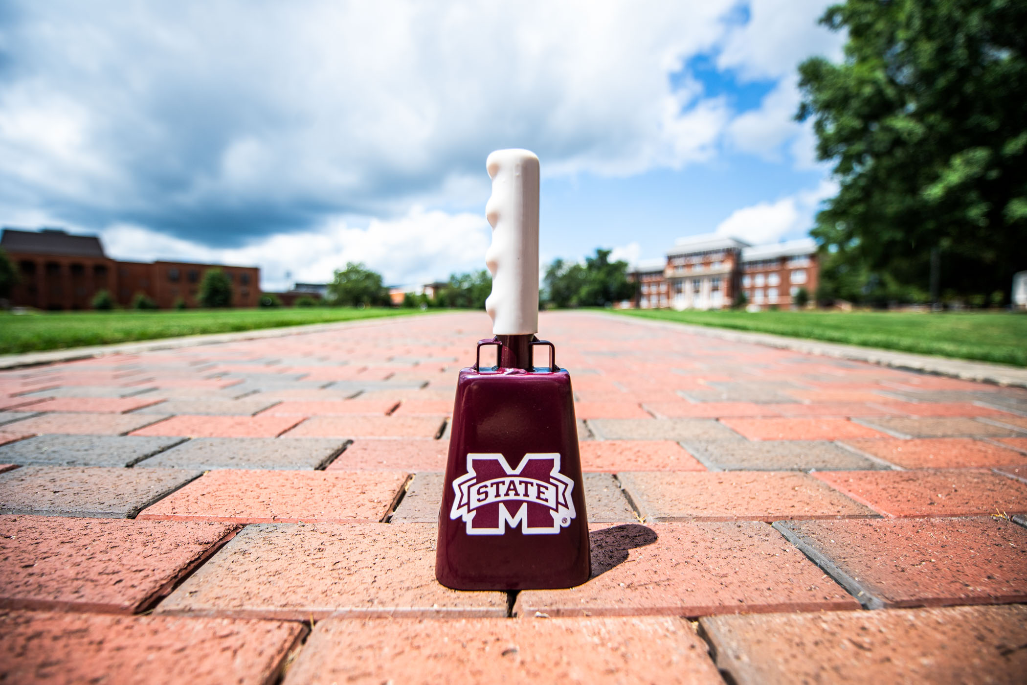 A cowbell, MSU&#039;s longstanding symbol of pride, rests in the center of a sunbathed Drill Field pathway Thursday afternoon [August 5.] 