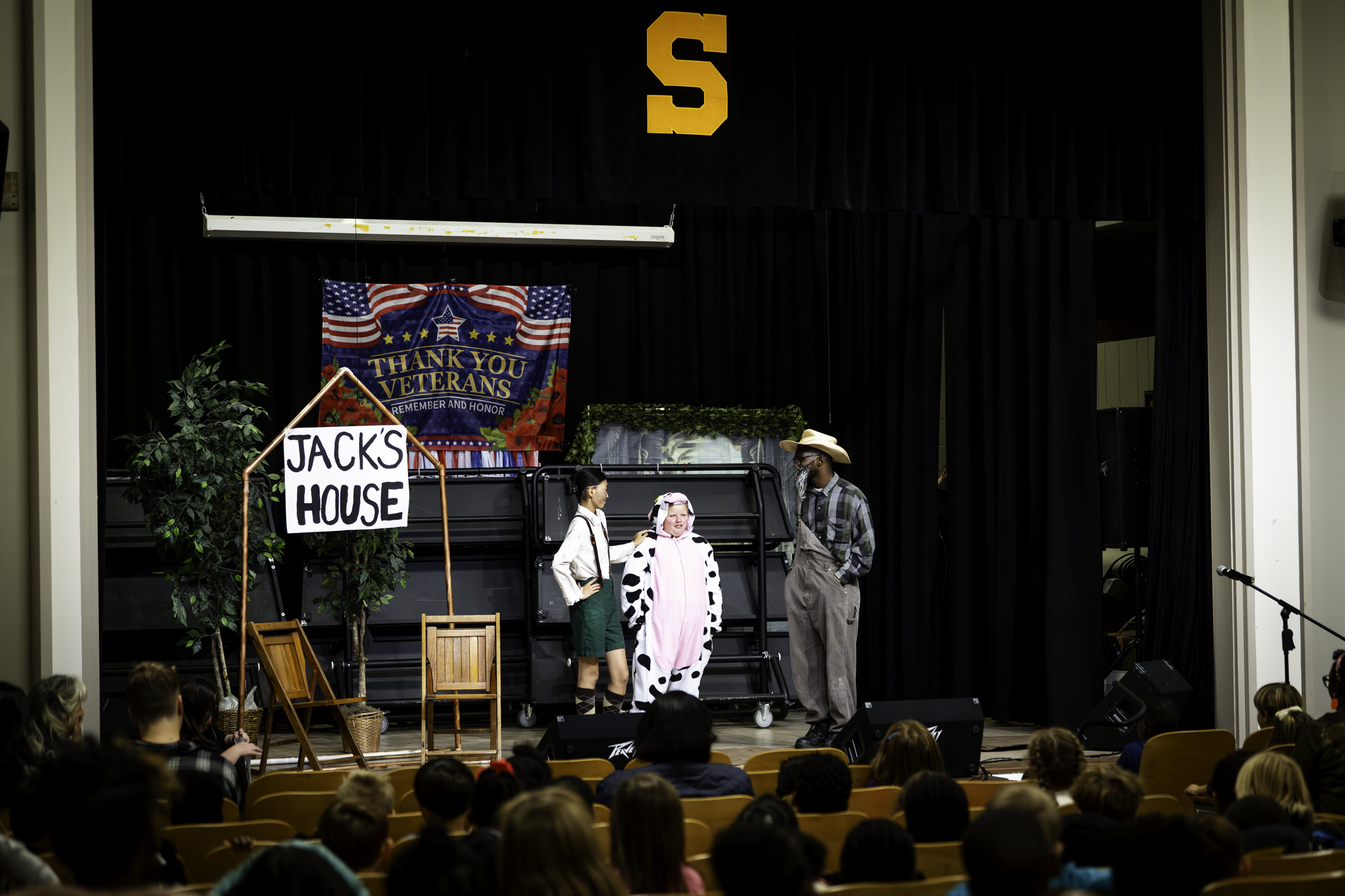 ACCESS students Molly Carter, Madelyn Young, and Elijah Griffin star as Jack, Milky-White the cow, and the farmer in MSU Theatre&#039;s &#039;Unified Theatre&#039; project&#039;s school performance of &quot;Jack and the Beanstalk&quot; at Sudduth Elementary. [Nov 12]. The initiative supports the national Unified Theatre mission of fostering inclusion through student-created productions and reflects ACCESS’s commitment to providing a comprehensive college experience for students with diverse learning needs. Along with school showings, th