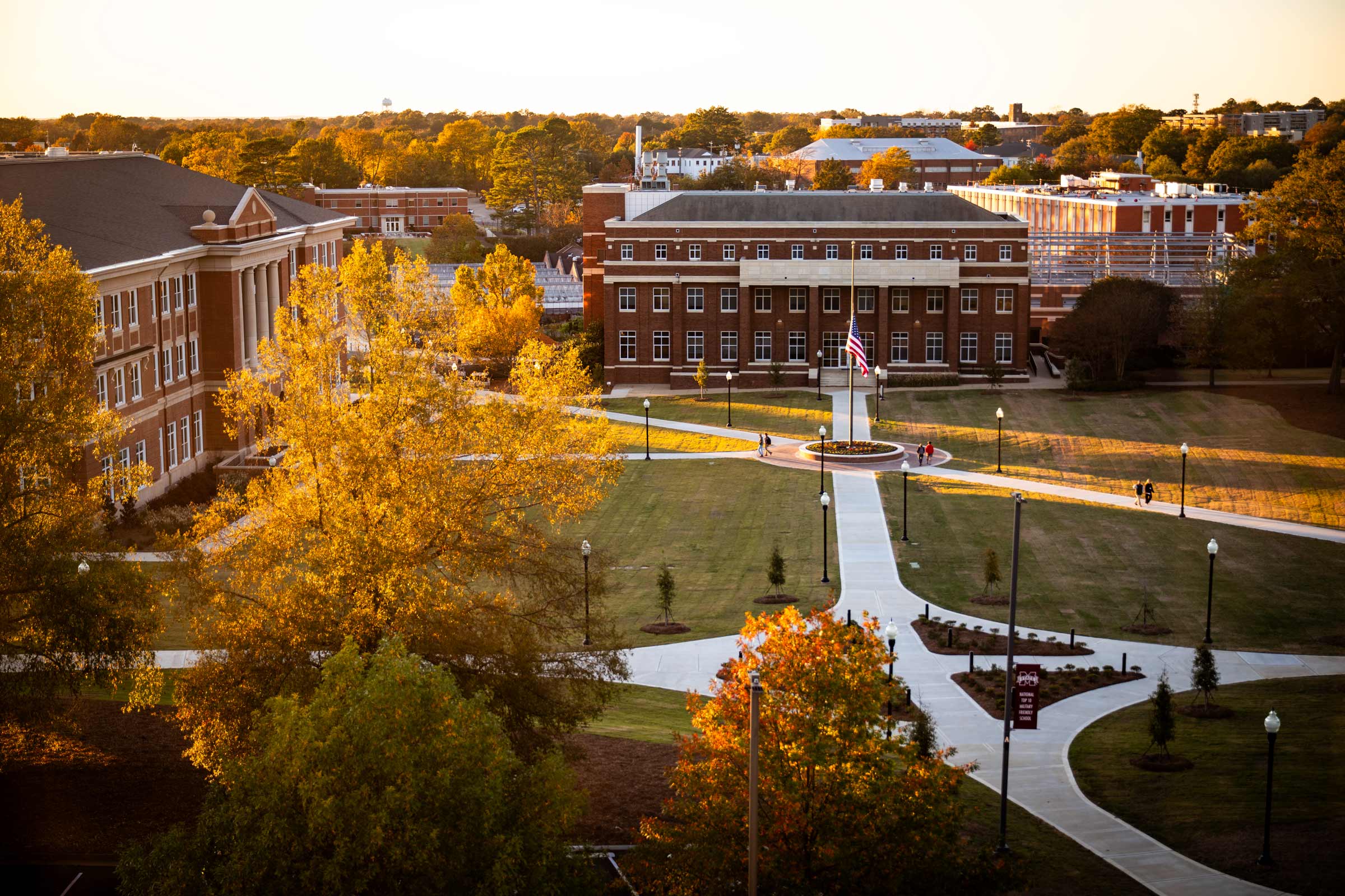 Golden light cascades over McCarthy Quad Monday [Nov 10] before dusk, a time also known as the magic hour. The quadrangle, one of MSU&#039;s newest additions to campus, connects students, faculty, staff and visitors to the Jim and Thomas Duff Center, the J. Charles Lee  Agricultural and Biological Engineering Building and Allen Hall. McCarthy Quad carries the name of former MSU men’s basketball coach James H. “Babe” McCarthy, and the green space covers the area where McCarthy Gymnasium once stood.