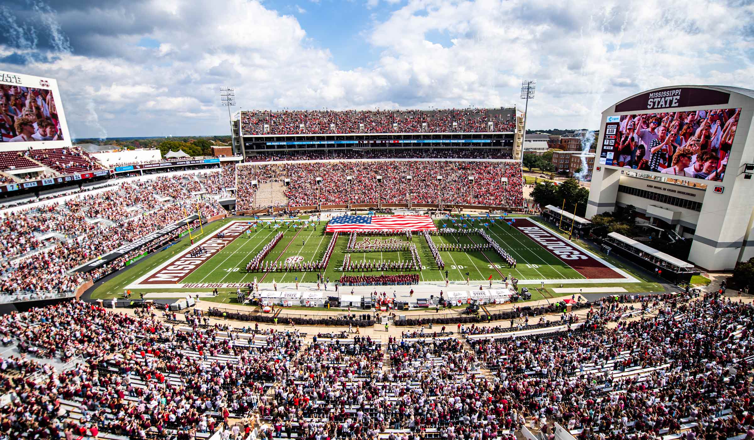 The Famous Maroon Band spells out USA during their patriotic halftime show.