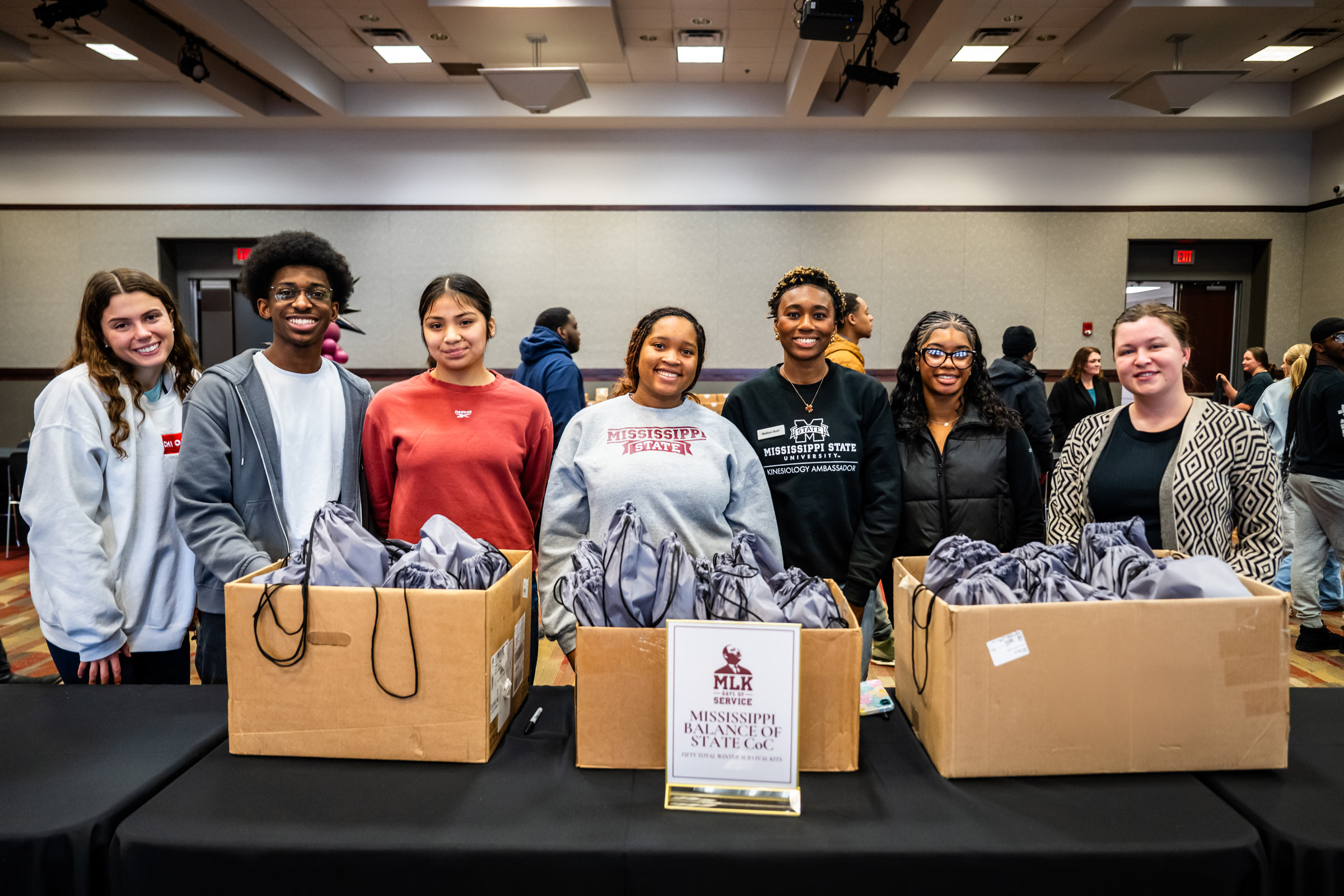 MSU Students, faculty, and staff gather in the Foster Ballroom of Colvard Student Union on Wednesday [Jan. 21] to take part in the university’s annual MLK Days of Service, an initiative honoring the legacy of Dr. Martin Luther King Jr. through civic engagement and community service. Participants worked together to assemble hundreds of winter survival kits for individuals in the Starkville community experiencing housing insecurity, providing essential supplies while reinforcing MSU’s commitment to service an