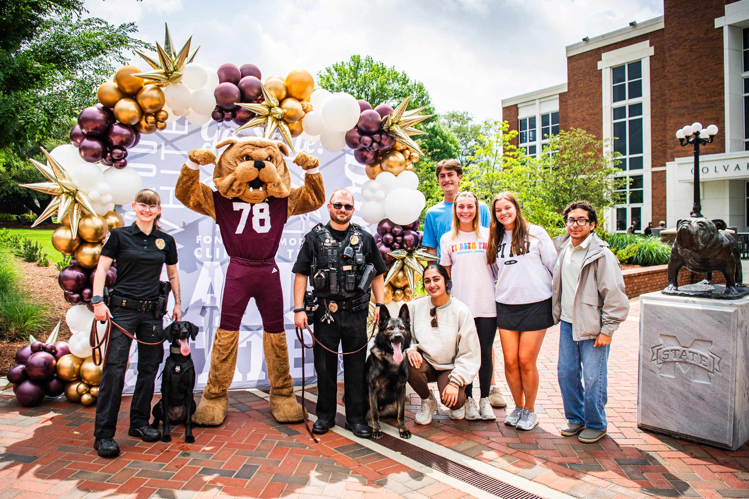  Students gather for a “Paws Before Finals” study break at YMCA Plaza [Apr. 29], hosted by MSU's Office of Parent and Family Services, where free snacks, friendly faces of campus partners and a visit from Bully helped bring a little extra encouragement before exam week. University Police’s K-9 Unit also joined the event, giving students a chance to snap photos and spend time with the four-legged officers while taking a well-earned break. The gathering was designed to help Bulldogs de-stress and recharge.