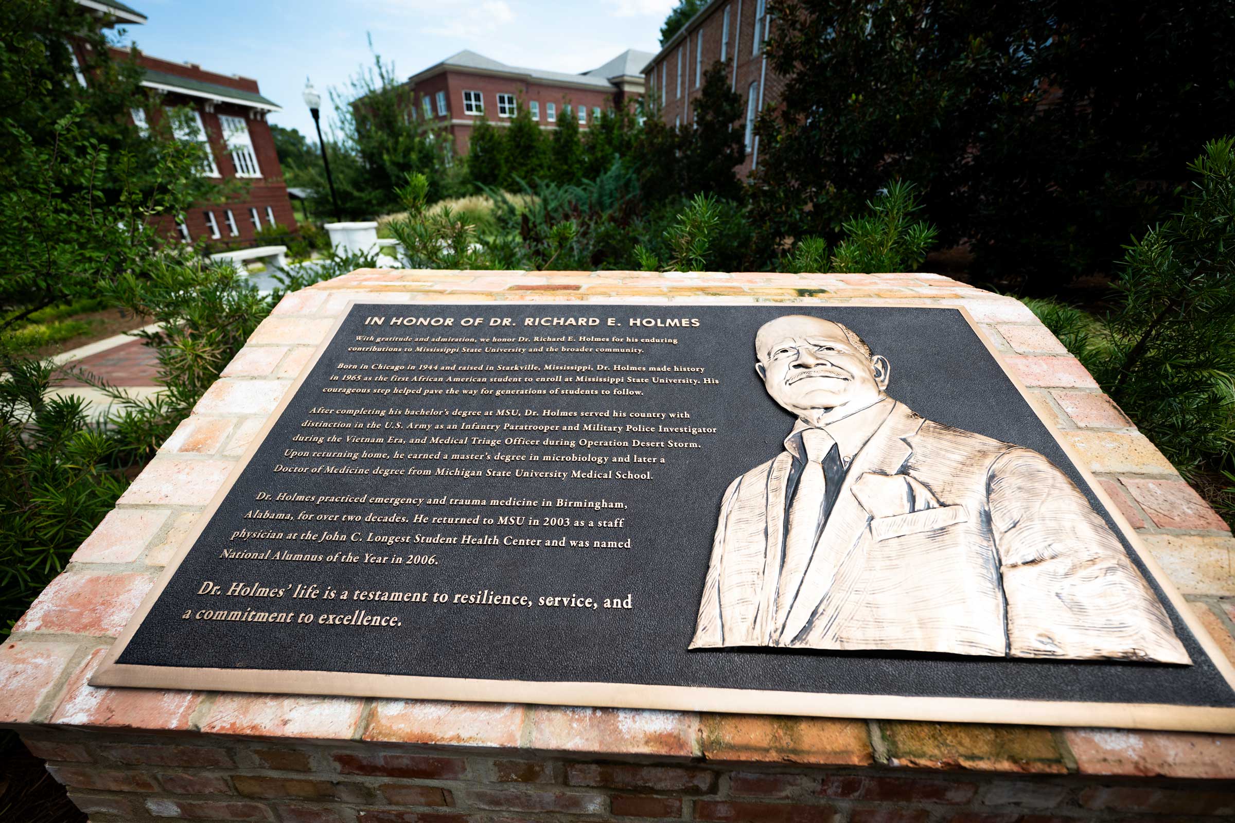 A photo of the Richard E. Holmes monument at the newly dedicated Holmes Plaza