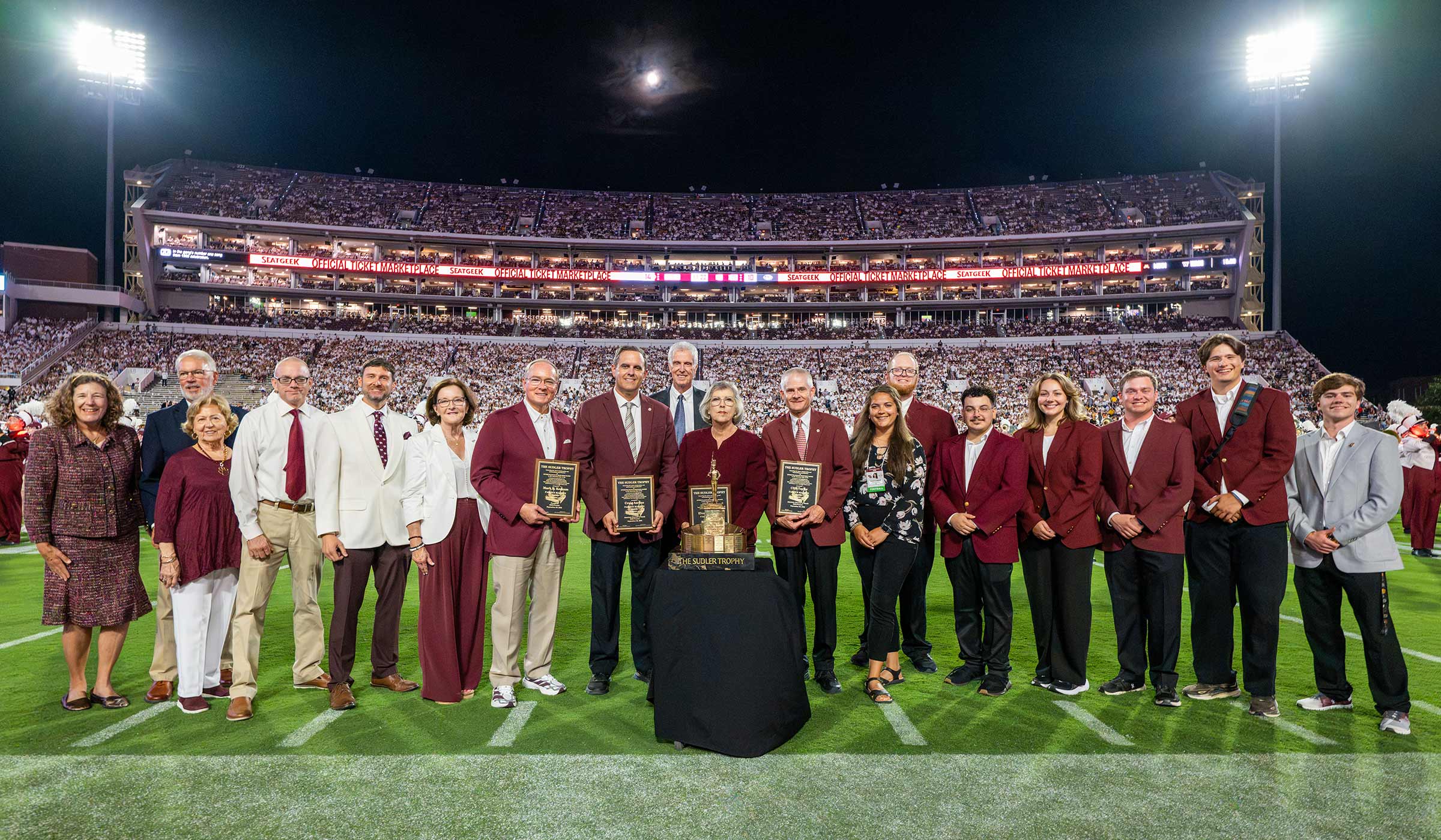 The Famous Maroon Band is presented the Sudler Trophy at halftime in Davis Wade Stadium.