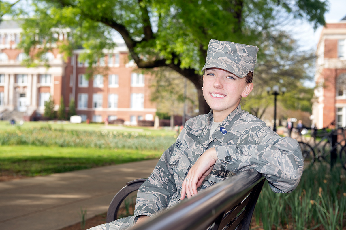 Mary Cagle, pictured in AFROTC fatigues on the MSU Drill Field. 