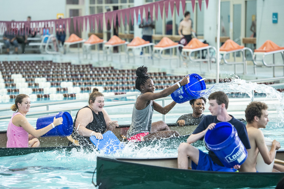 Students participate in a recreational game called Battleship at the Sanderson Center pool.