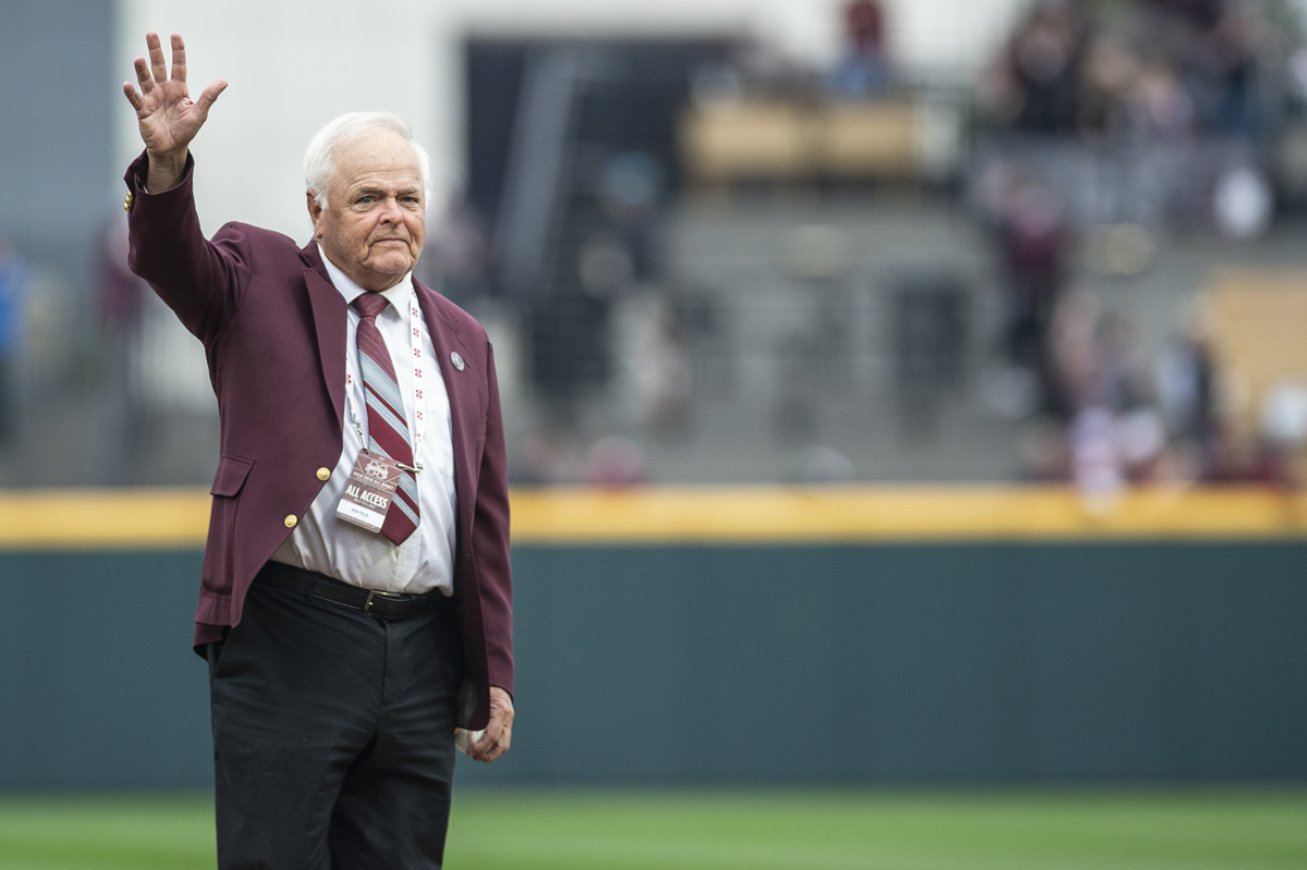 Ron Polk, long-time head baseball coach at MSU thanks the crowd before throwing the first pitch.