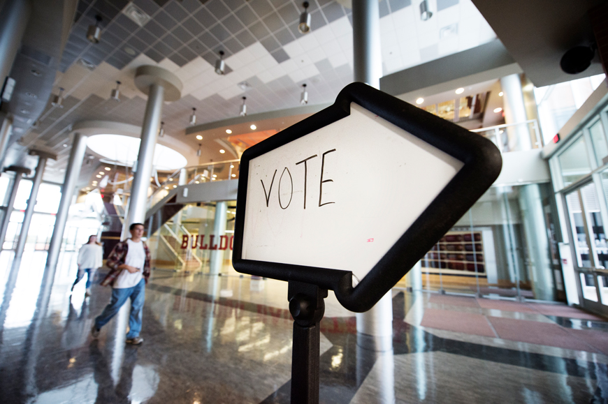 Vote sign in the Humphrey Coliseum&amp;#039;s Mize Pavilion shows election day voters which way to to go to cast their ballots