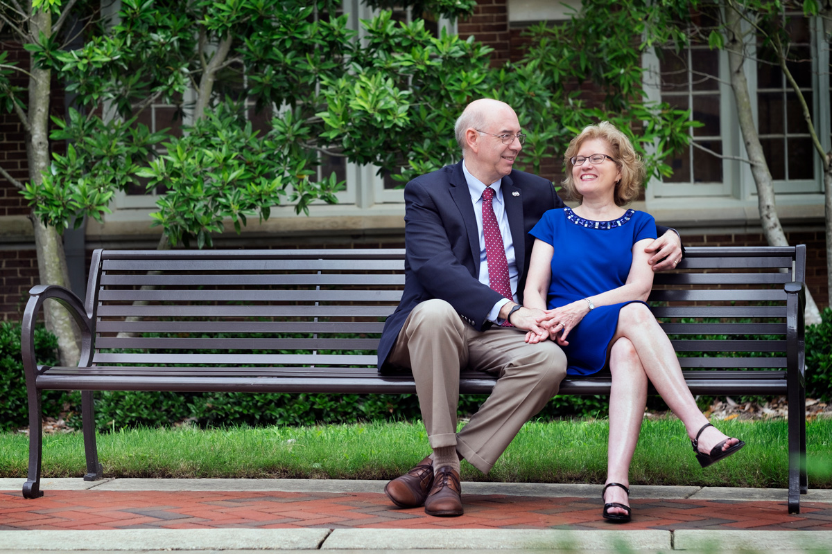 John and Connie Forde, pictured on a bench outside of MSU&amp;#039;s Perry Cafeteria.