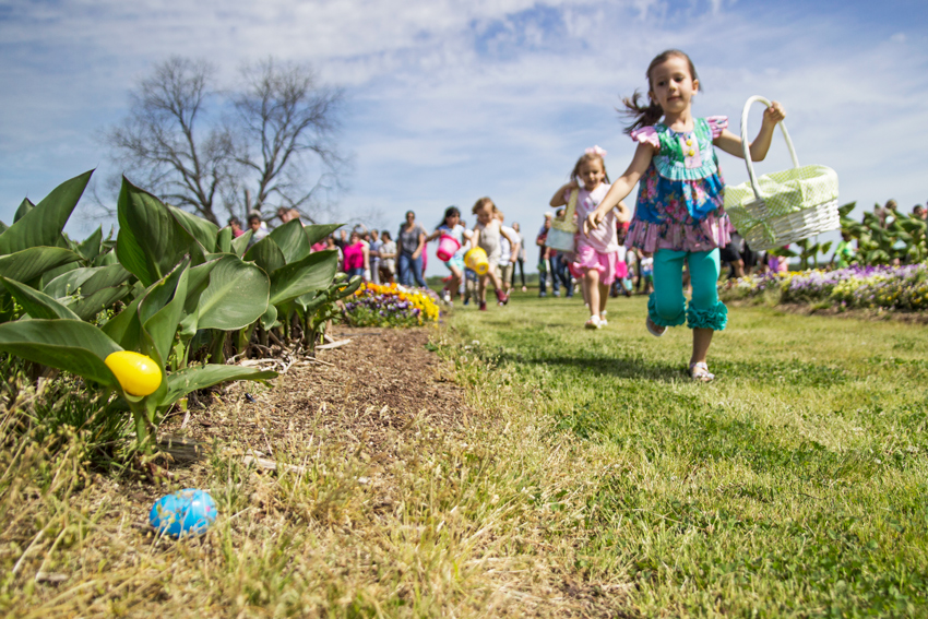 kids ages 4-6 begin their hunt for easter eggs in the trial gardens