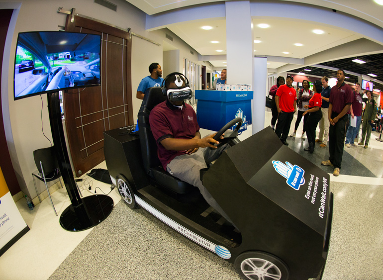 Student tests out a virtual reality simulator in the Colvard Student Union during &amp;quot;It Can Wait&amp;quot; campaign against texting while driving
