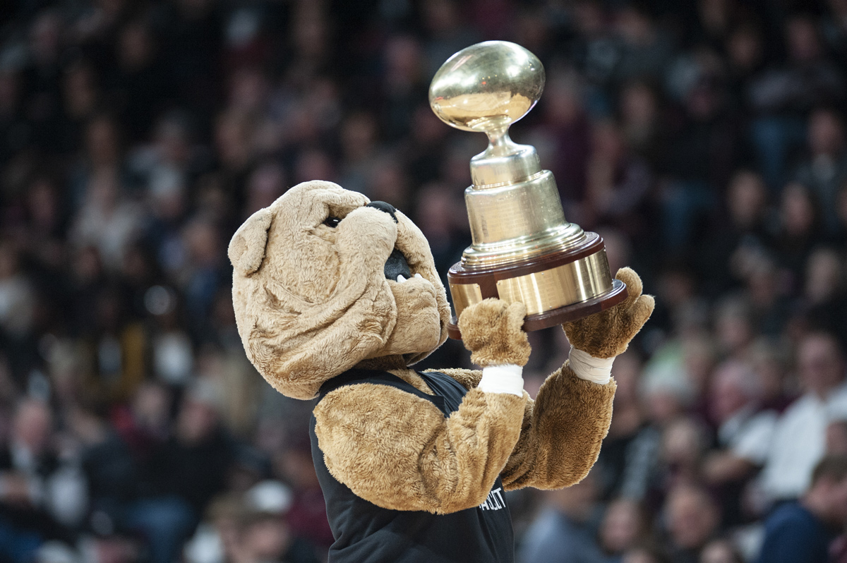 Bully hoists the egg bowl trophy at the MSU Women&amp;#039;s Basketball game vs. Ole Miss.
