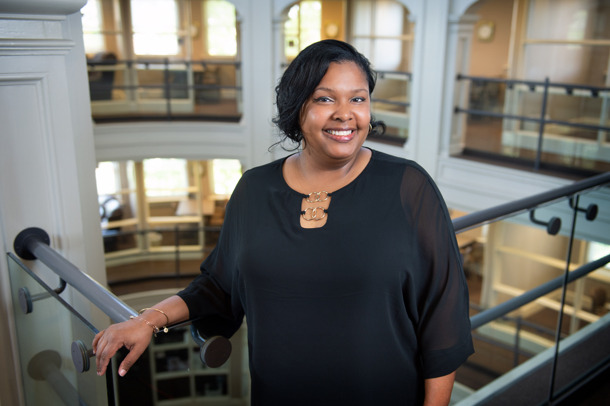 Leslie Neal, pictured in the Montgomery Hall atrium.