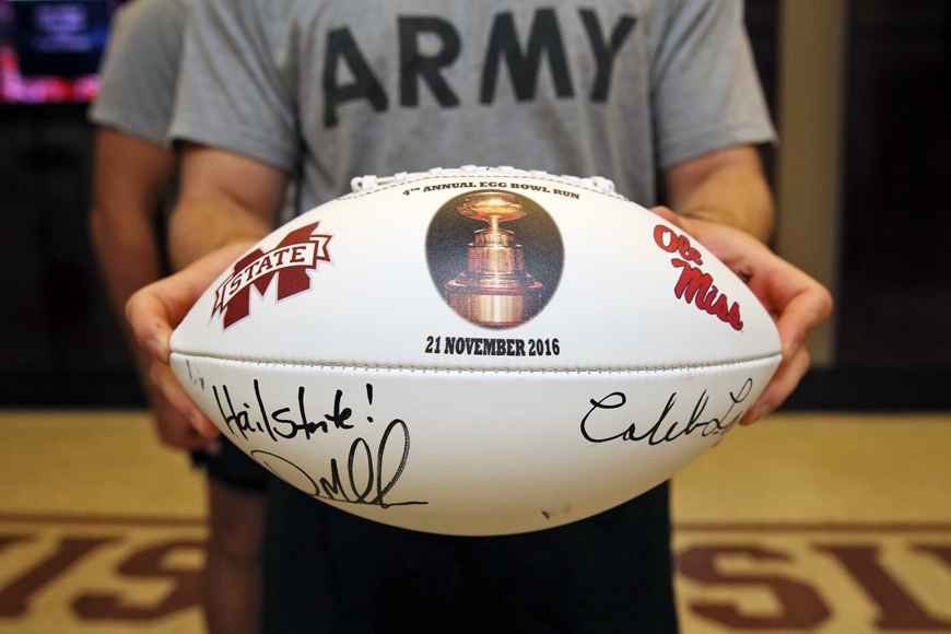 Close up of the football being used in the fourth annual Egg Bowl Run