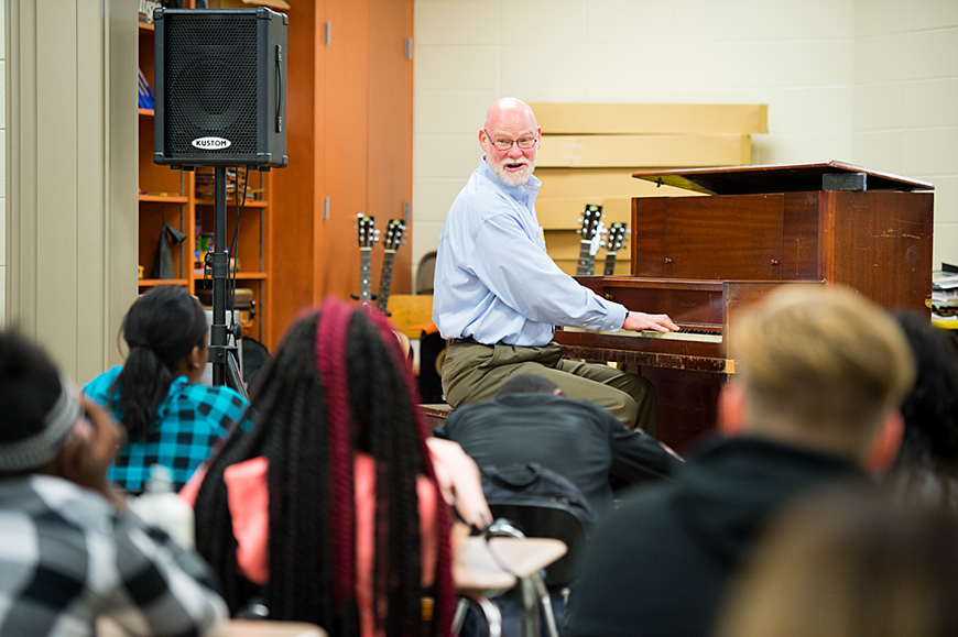 Internationally renowned pianist Jeff Barnhart of Mystic, Connecticut, performs for students at Armstrong Middle School.