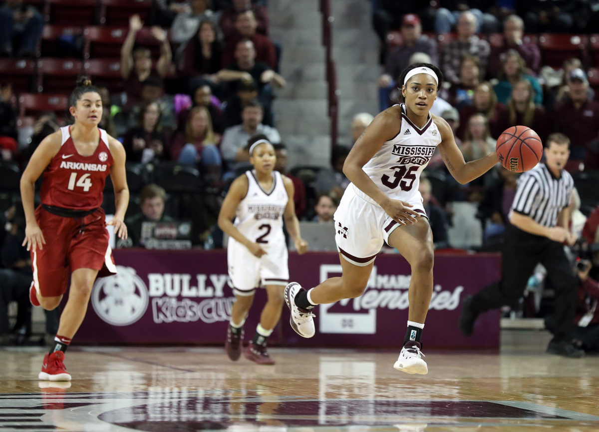 Women&amp;#039;s Basketball player Victoria Vivians dribbles down the court during victorious game against the University of Arkansas.