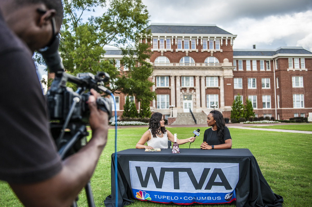WTVA reporter Daniella Oropeza interviews Student Association President Mayah Emerson during a live shot in front of Lee Hall. 