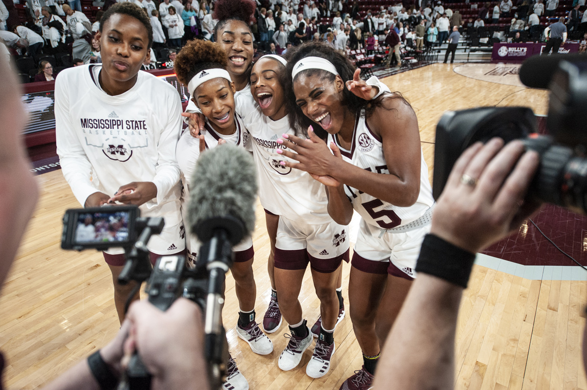 MSU Women&amp;#039;s Basketball players celebrate after beating ranked South Carolina.